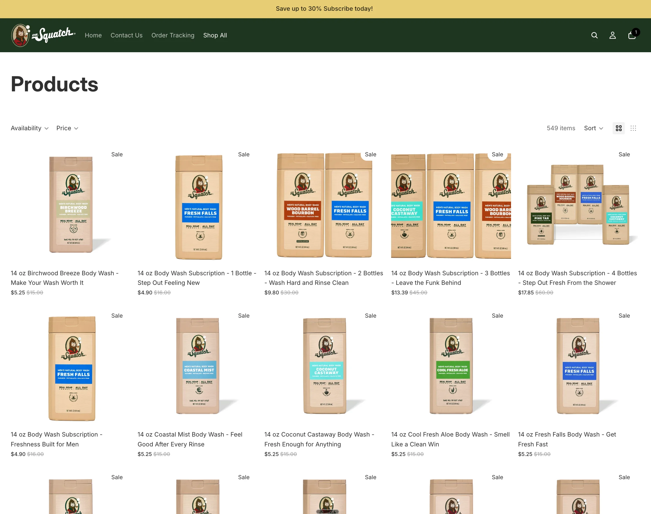 Fake Dr. Squatch storefront showing copied products and steep discounts