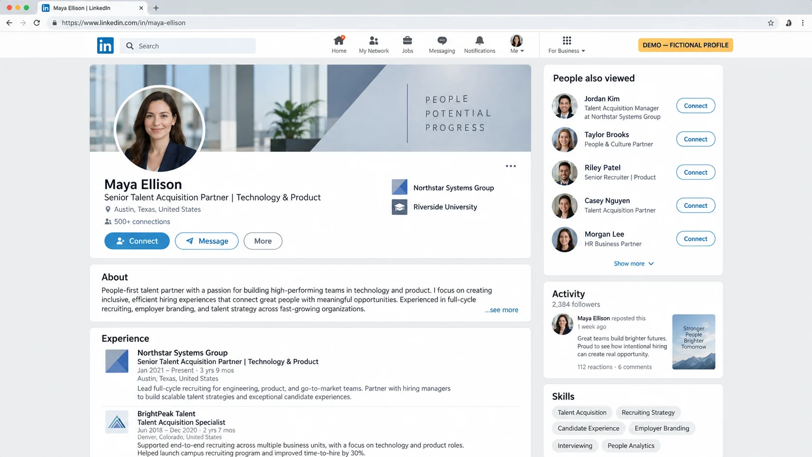 Fictional LinkedIn-style recruiter profile labeled as a demo