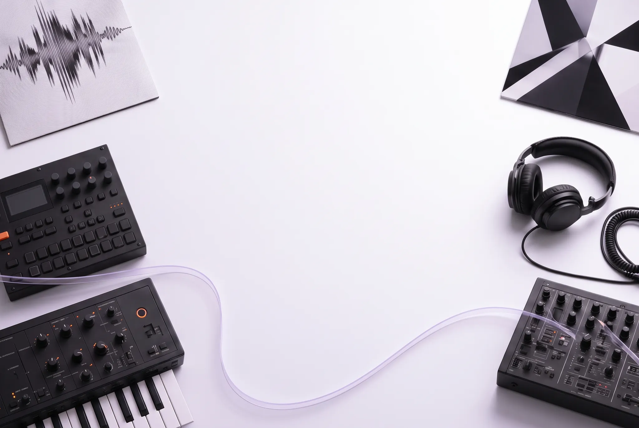 Electronic music instruments, records, and headphones arranged around a white studio table with a pale lavender waveform