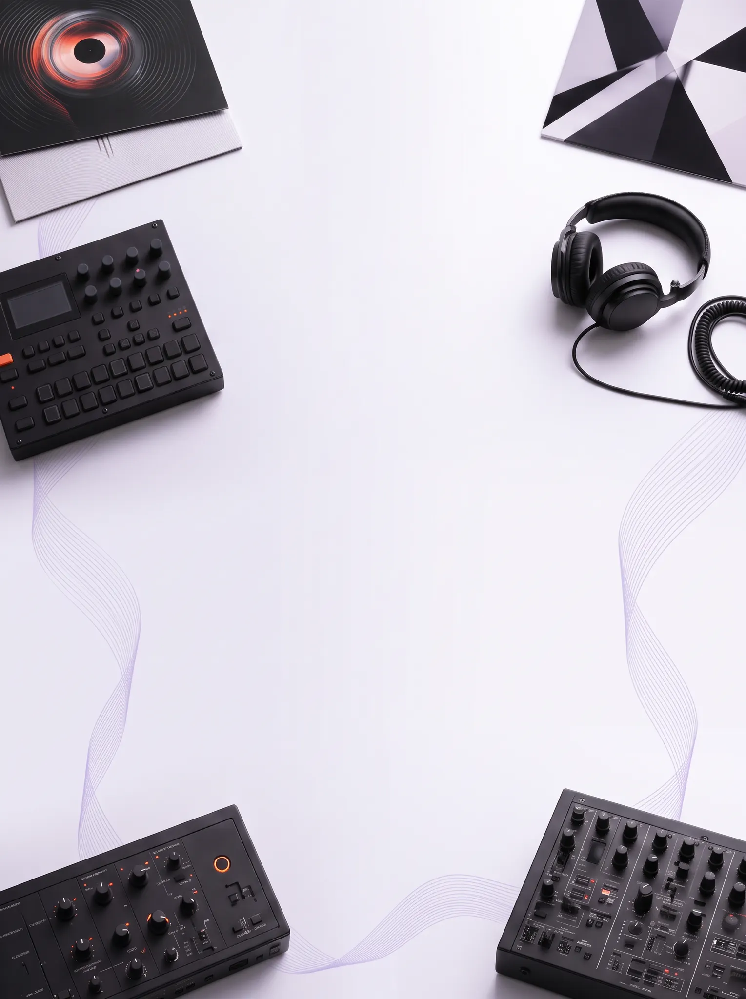 Electronic music instruments, records, and headphones arranged around a white studio table with a pale lavender waveform