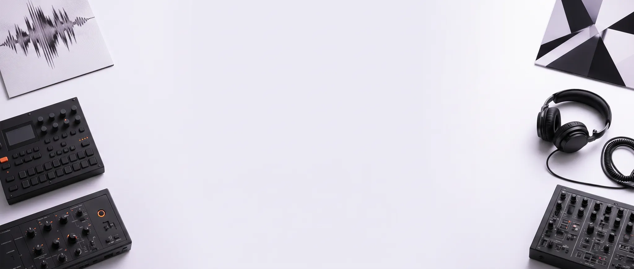 Electronic music instruments, records, and headphones arranged around a white studio table with a pale lavender waveform