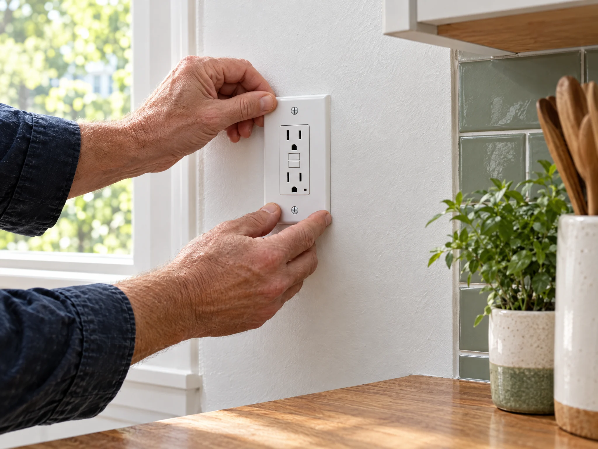 Hands fitting a GFCI outlet in a bright kitchen. Illustrative image.