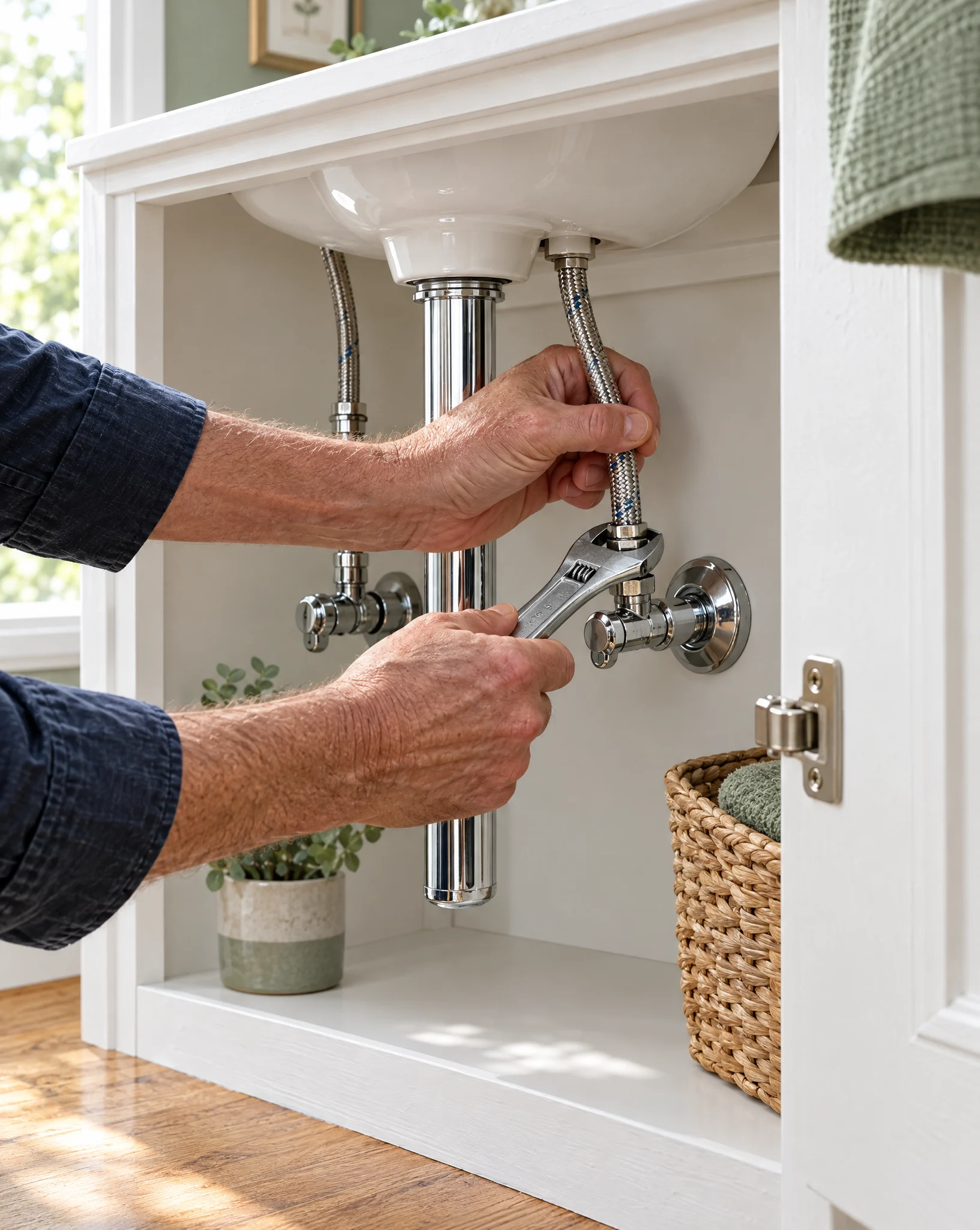 Hands tightening a supply line under a bathroom vanity. Illustrative image.