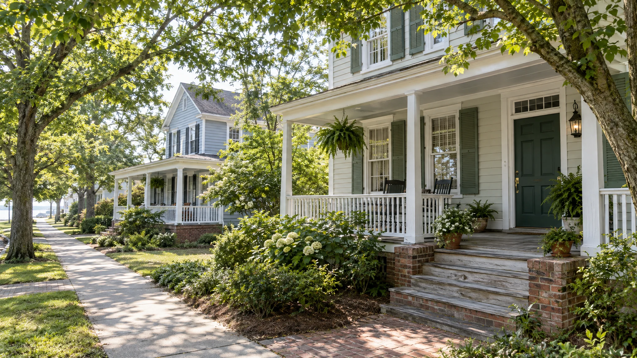 Coastal Virginia-style homes with shaded front porches. Illustrative residential setting.