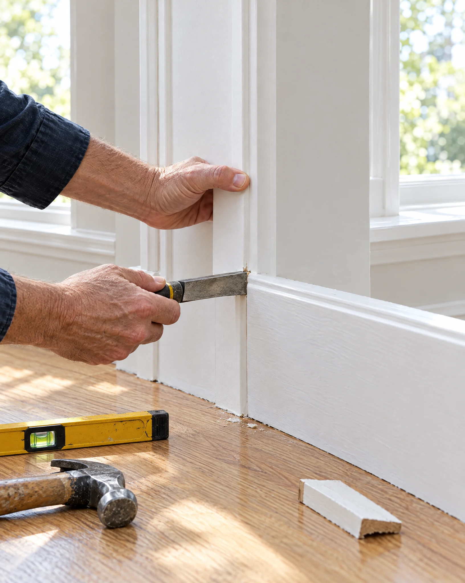 Fitting white baseboard and trim with a hand tool, a level on the floor. Illustrative image.