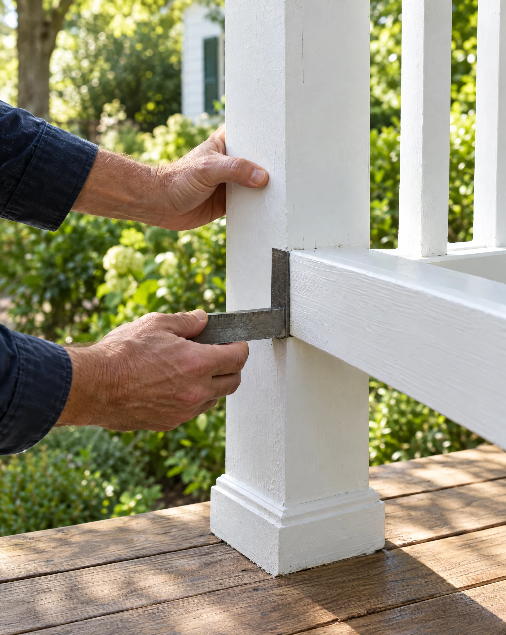 Careful inspection of timber porch joinery. Illustrative image, not an ezPICRA customer project.