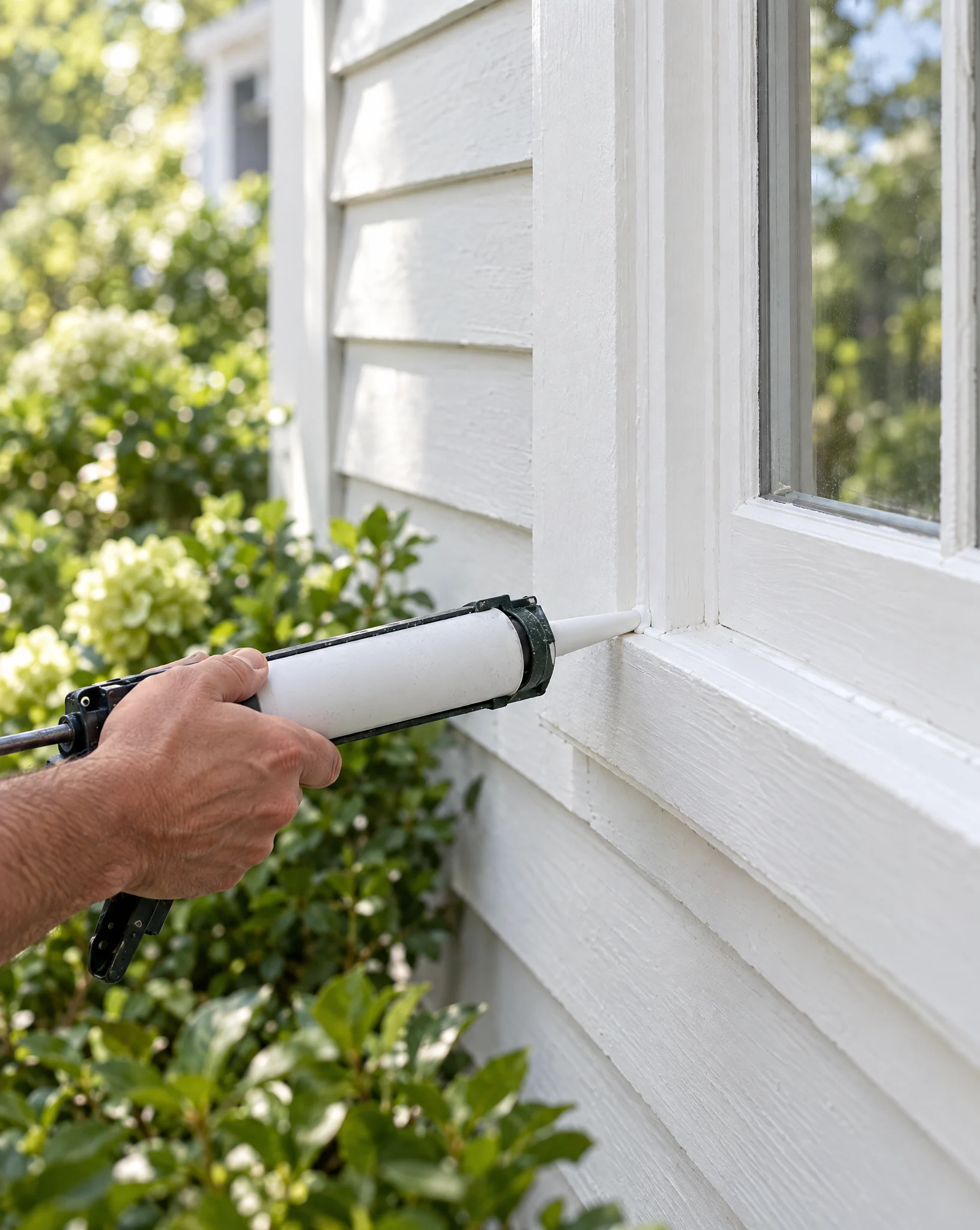 Running a bead of caulk along a white window frame on clapboard siding. Illustrative image.