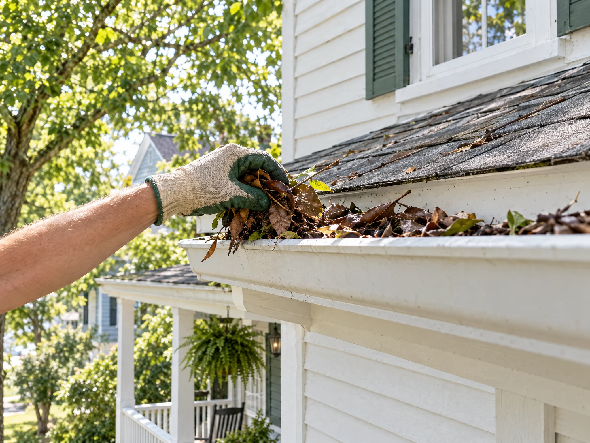 Gloved hand clearing leaves from a gutter on a white clapboard house. Illustrative image, not an ezPICRA customer project.