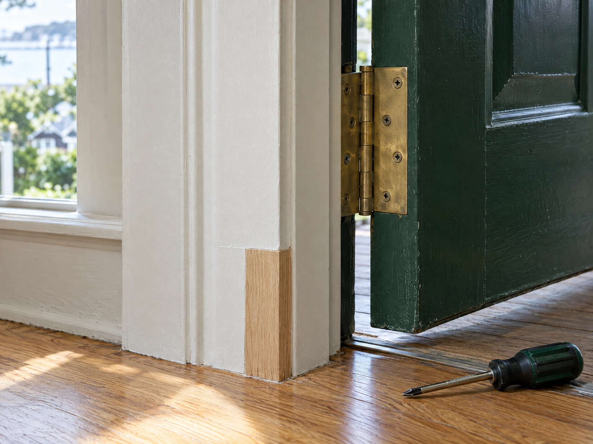 Door hardware and timber trim repair detail. Illustrative image.