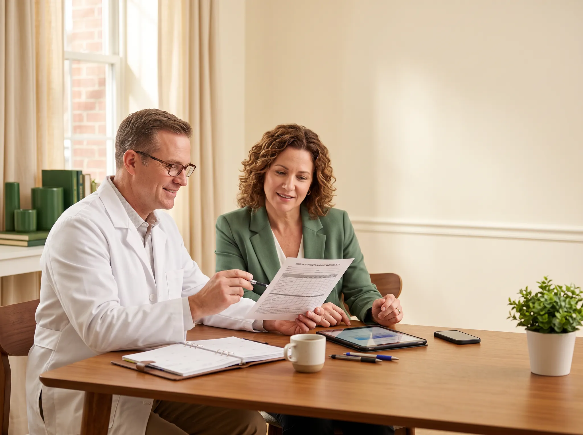 A pharmacist and facility administrator reviewing a vaccine plan