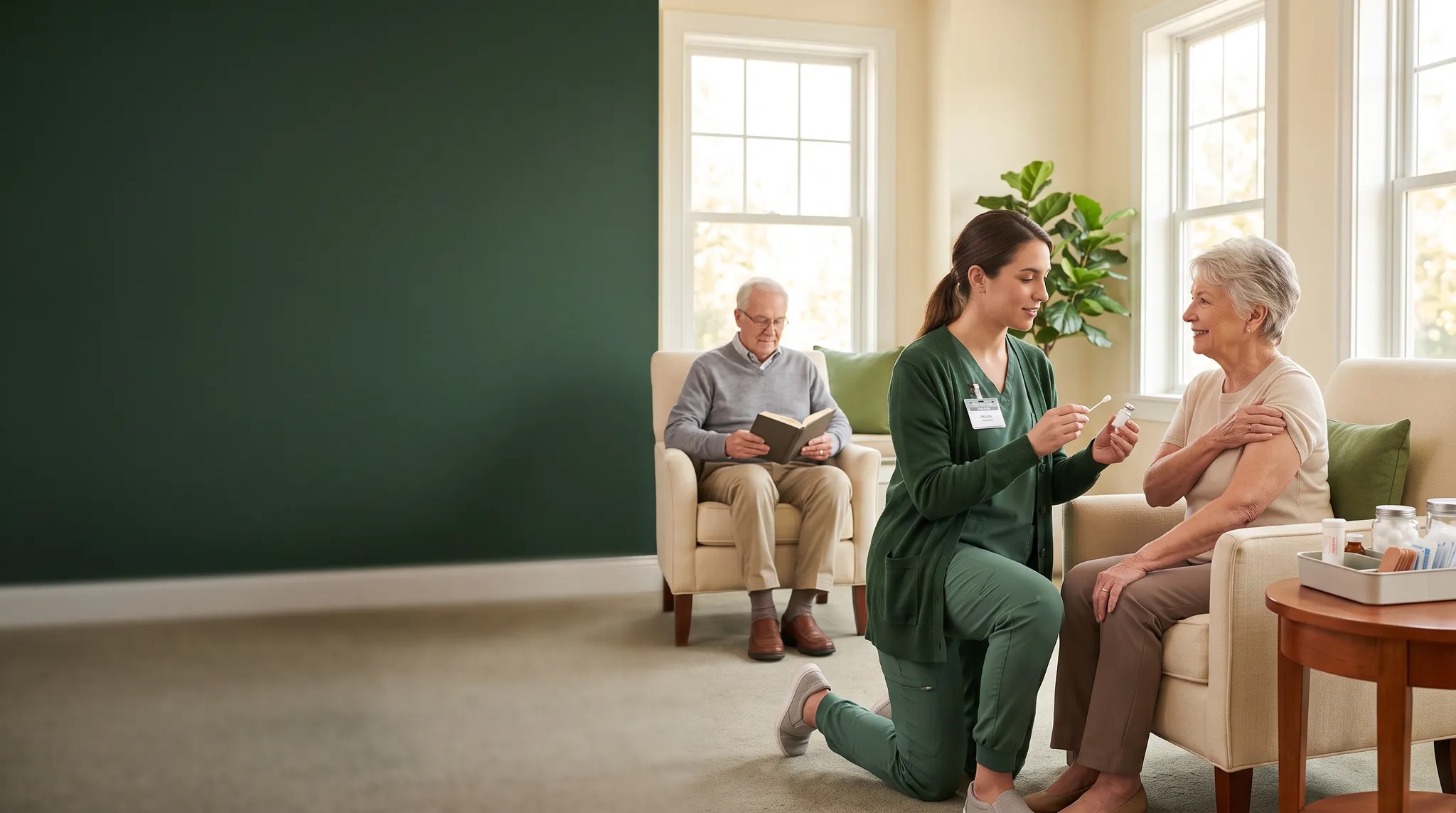 A pharmacist speaking with an older resident during an onsite vaccine clinic
