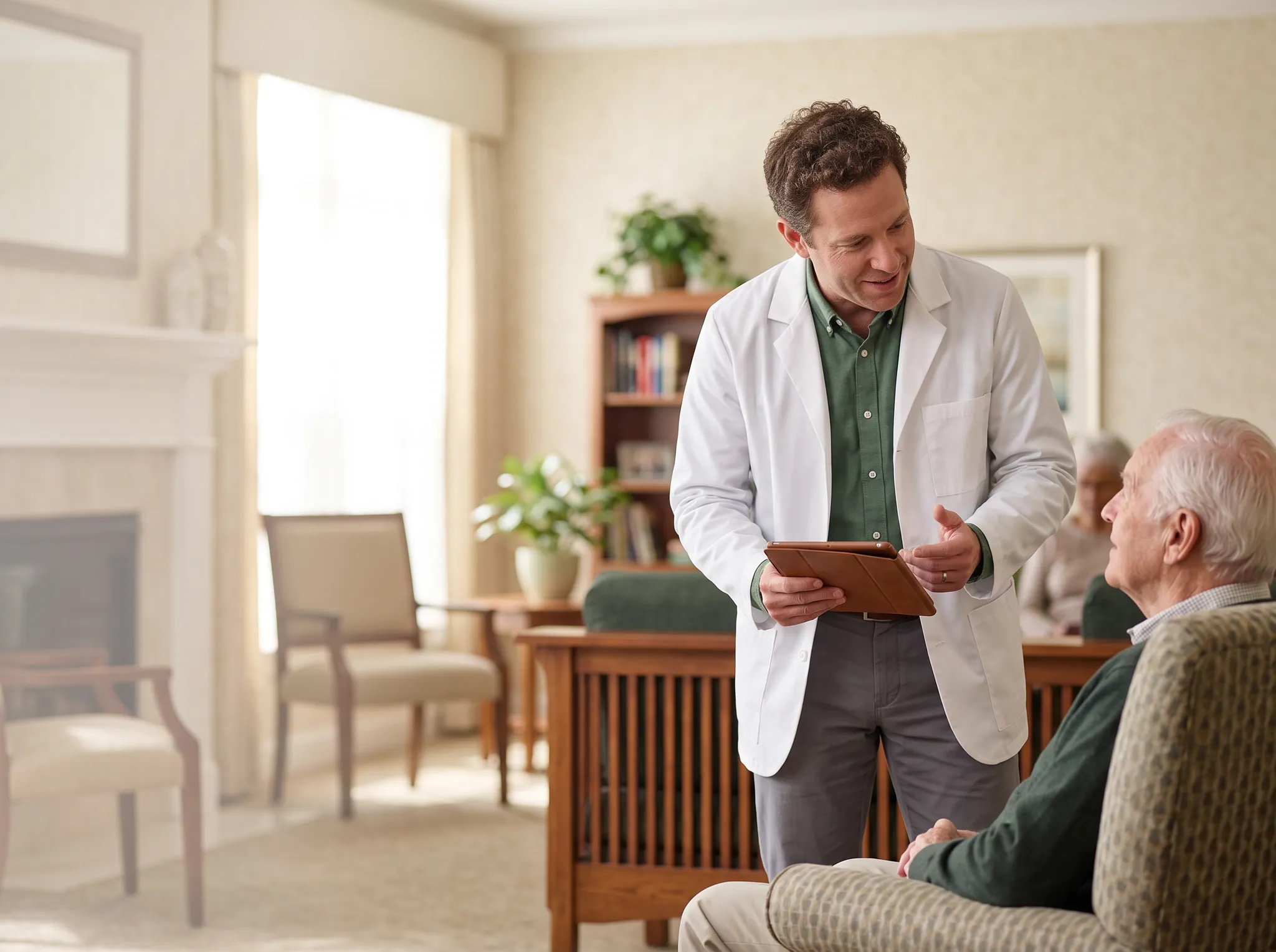 A pharmacist speaking with an older resident