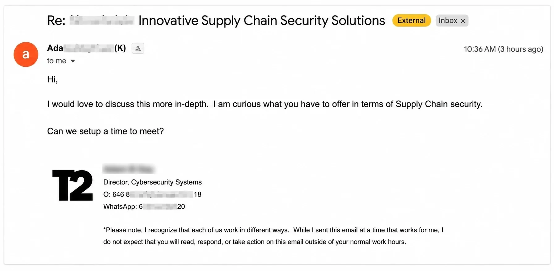 Redacted real outreach reply asking to set up a meeting