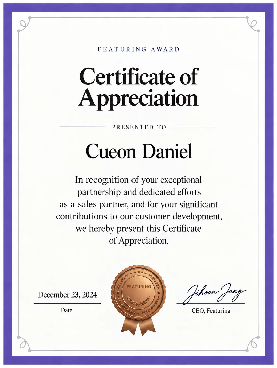 Certificate of Appreciation presented by Featuring to Cueon Daniel for exceptional partnership as a sales partner