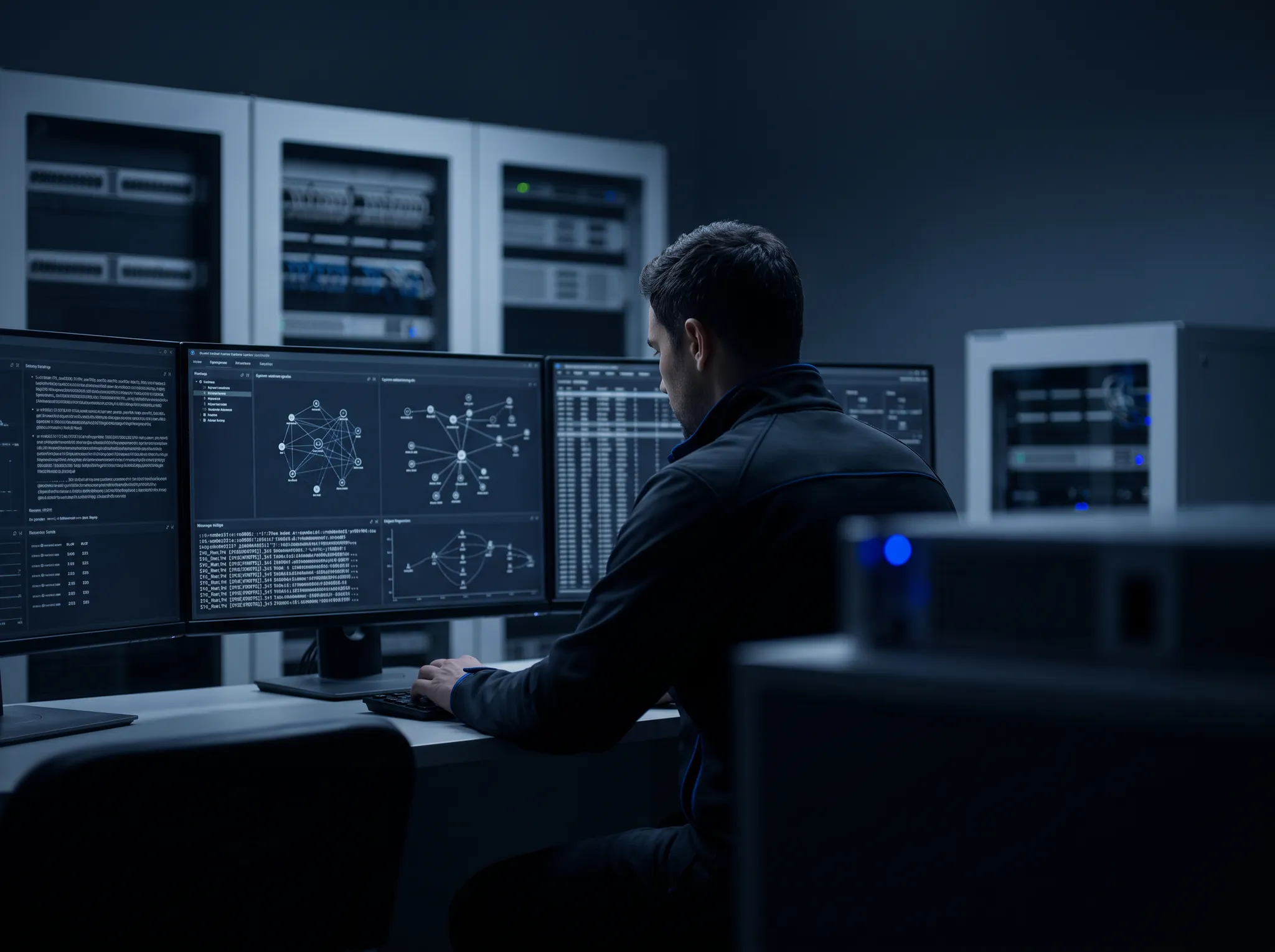 Cloud engineer monitoring a global infrastructure environment