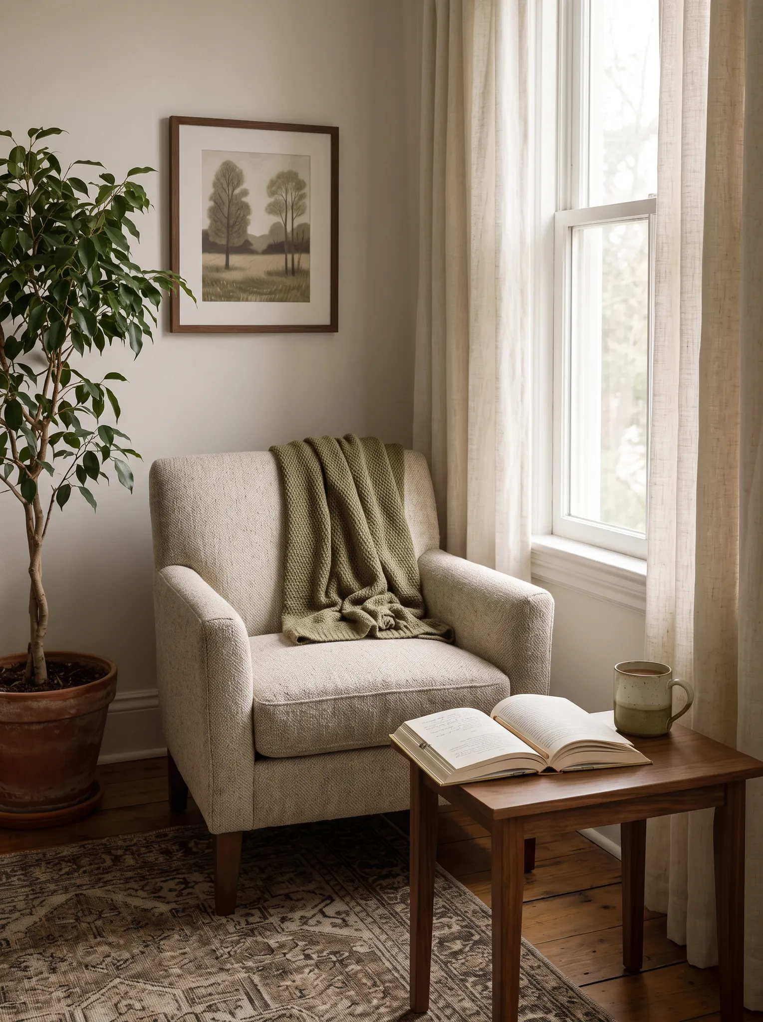 A linen chair with a soft blanket beside an open book and coffee mug in a sunlit home reading corner