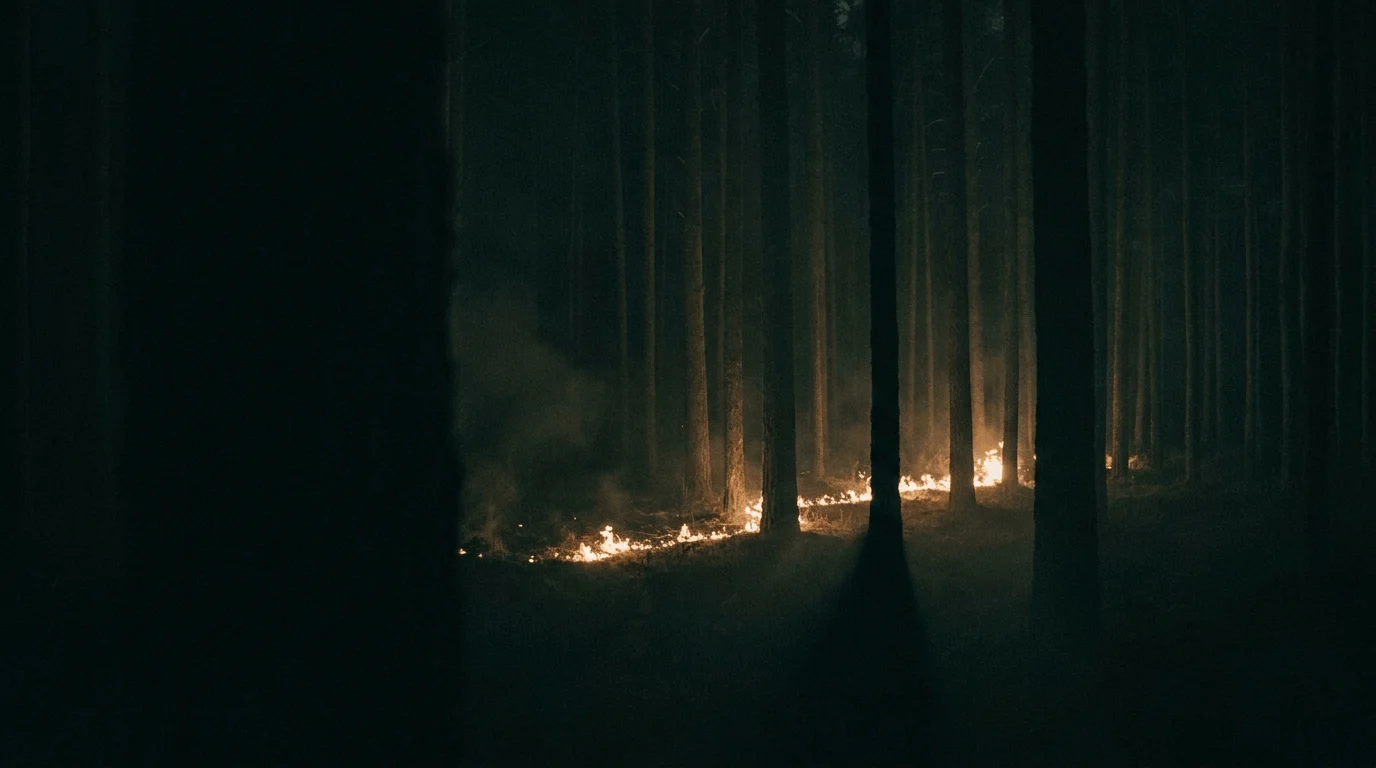 Low flames moving across the floor of a dark pine forest