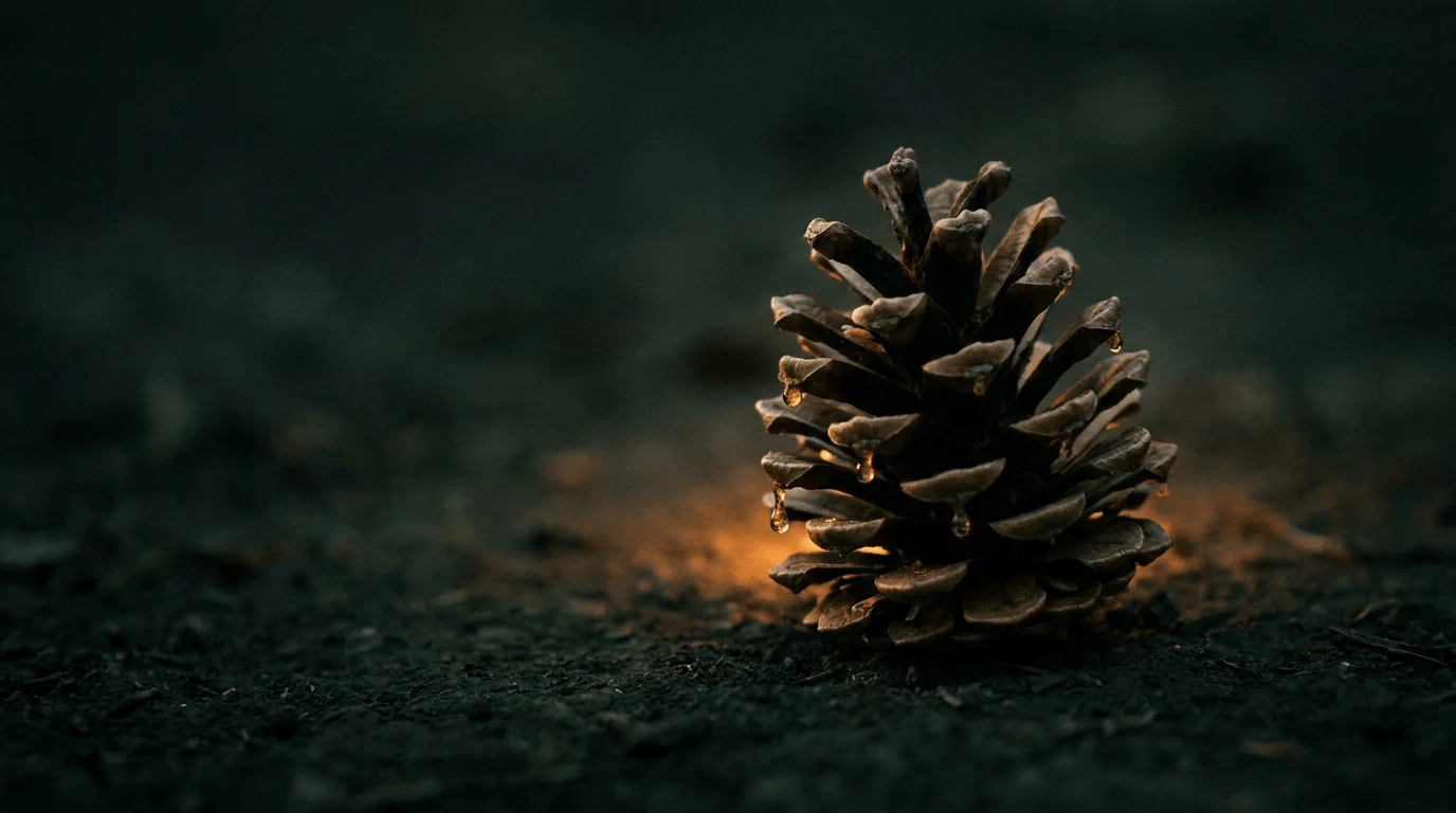 A serotinous pine cone on a dark forest floor, warmed by the glow of fire