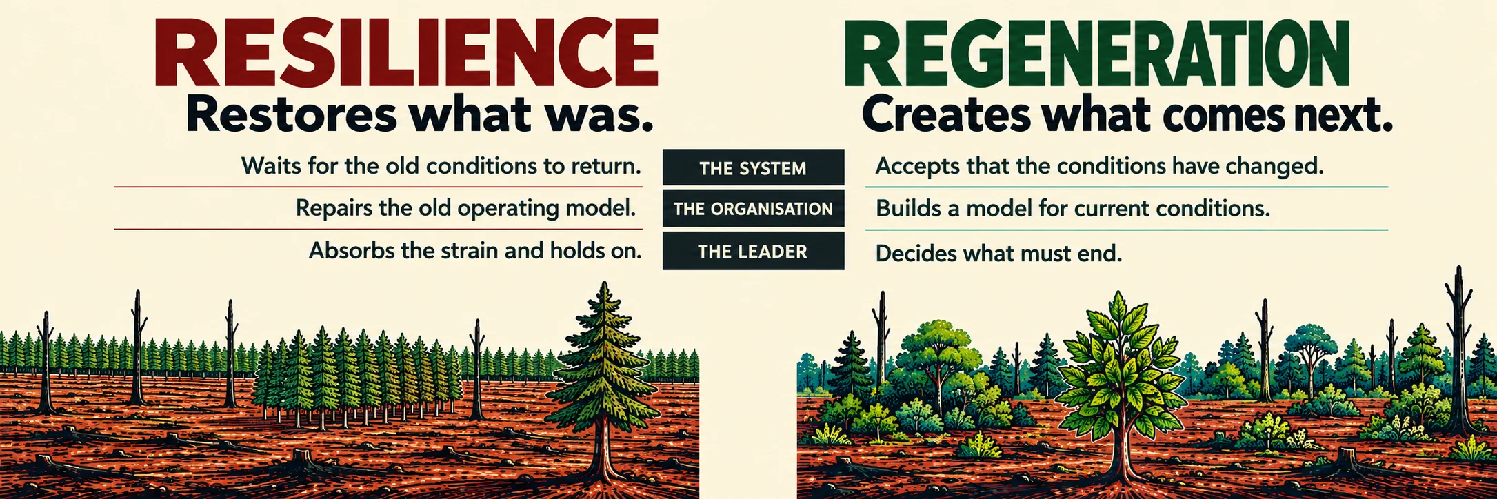 Resilience restores what was. Regeneration creates what comes next. The system: resilience waits for the old conditions to return; regeneration accepts that the conditions have changed. The organisation: resilience repairs the old operating model; regeneration builds a model for current conditions. The leader: resilience absorbs the strain and holds on; regeneration decides what must end. Forest illustrations contrast restoring the old forest with new growth after fire.