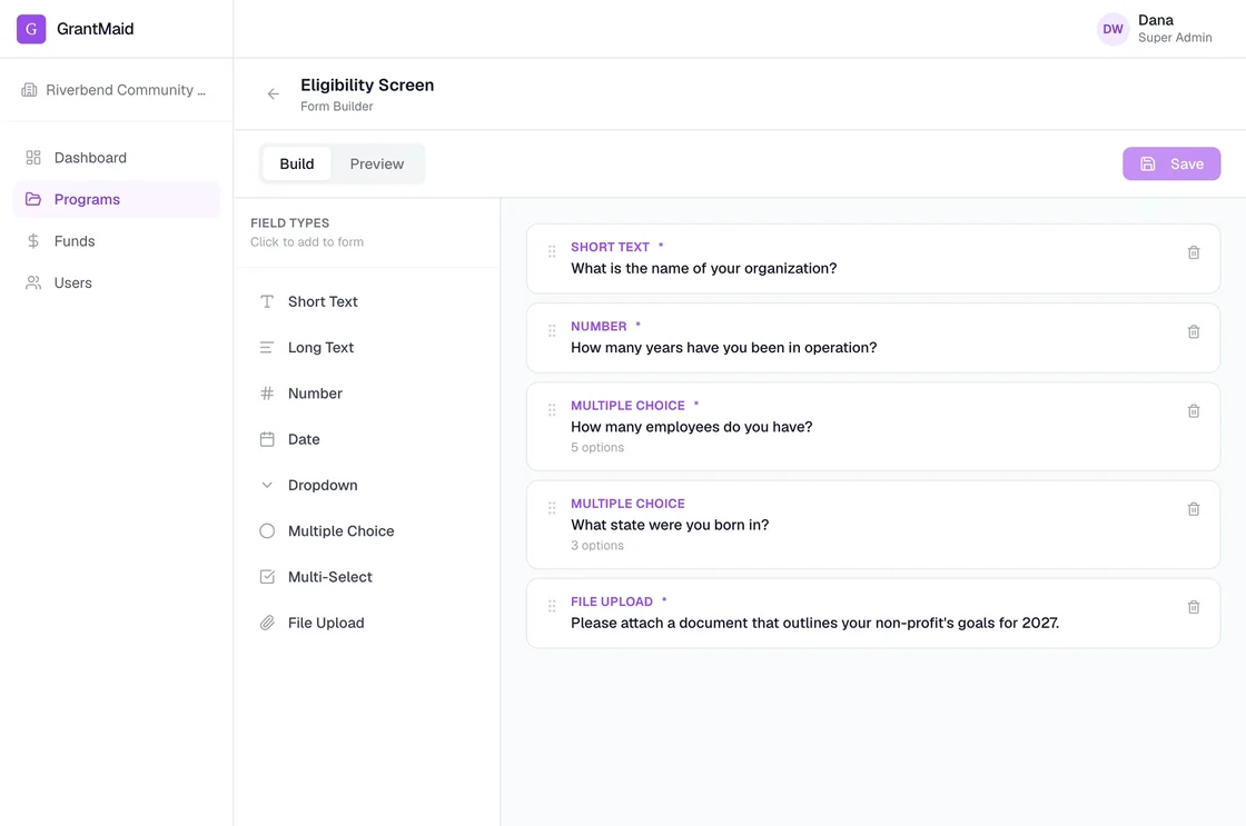GrantMaid form builder showing the field types menu and application questions in an eligibility form.
