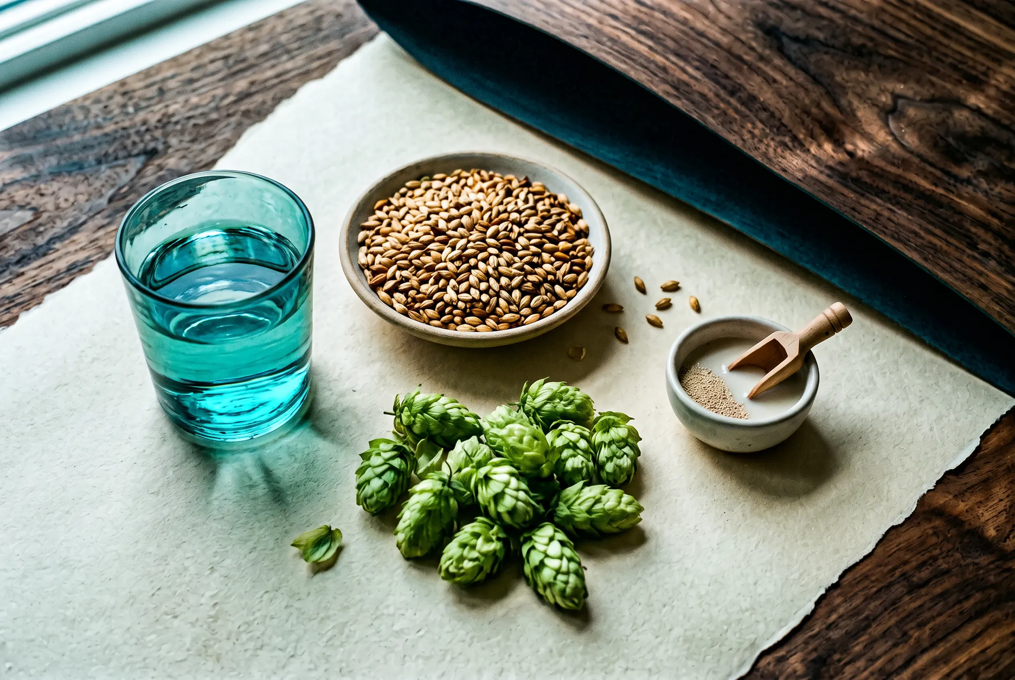 Water, malt, hops, and yeast arranged for a craft beer story