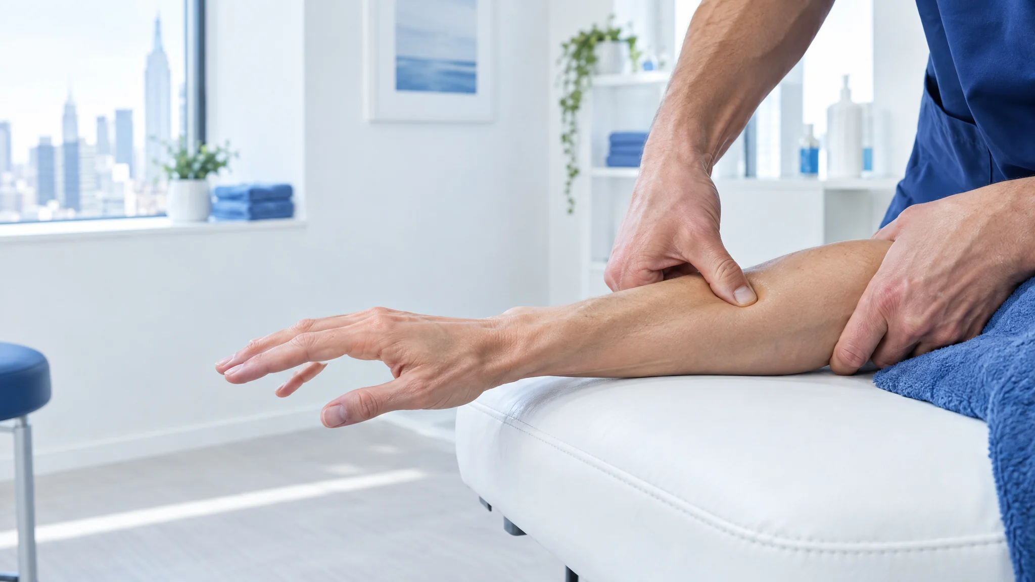 Chiropractor applying Active Release Technique pressure to a patient's forearm as the patient extends the wrist