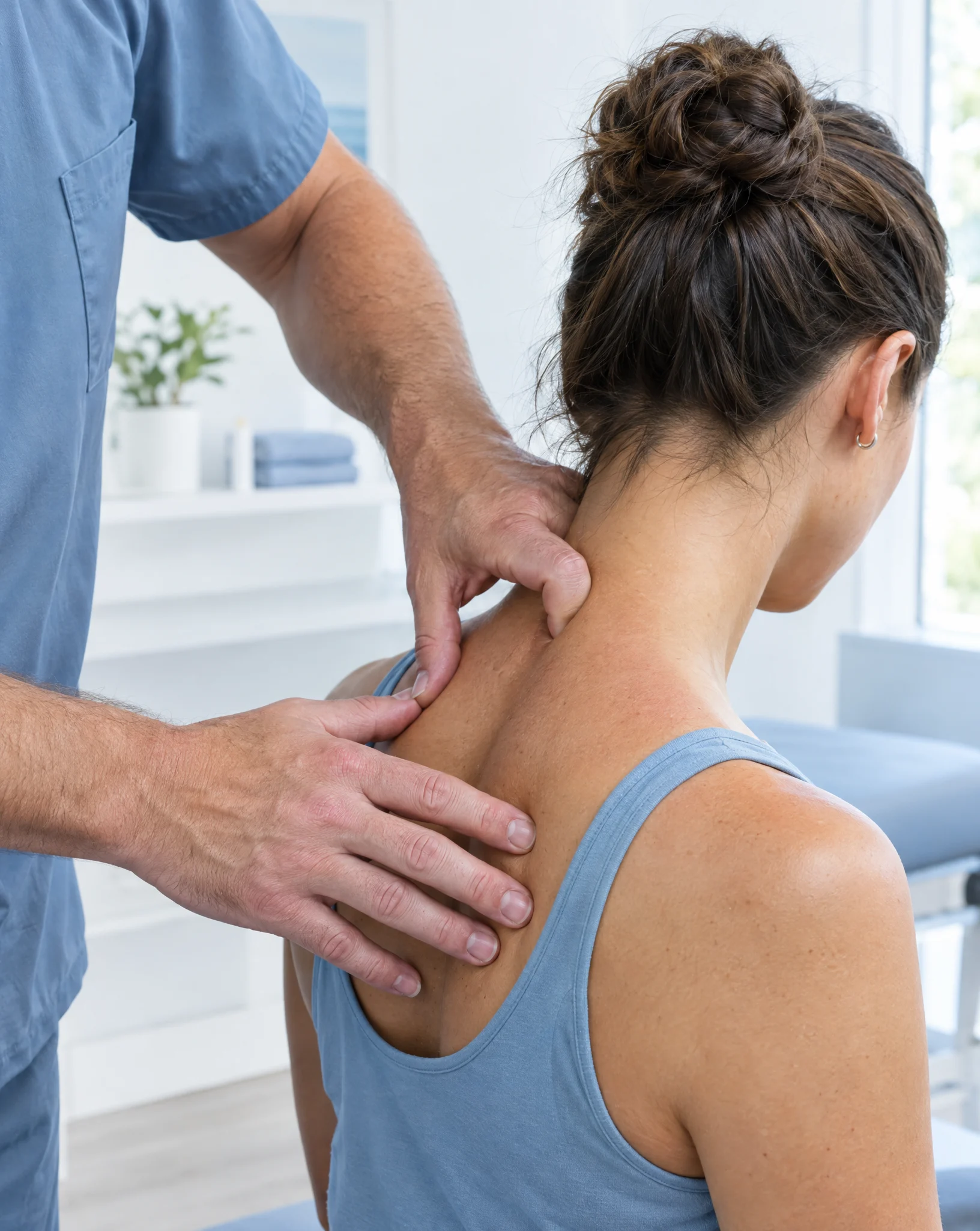 Active Release Technique treatment on a patient's upper shoulder and neck
