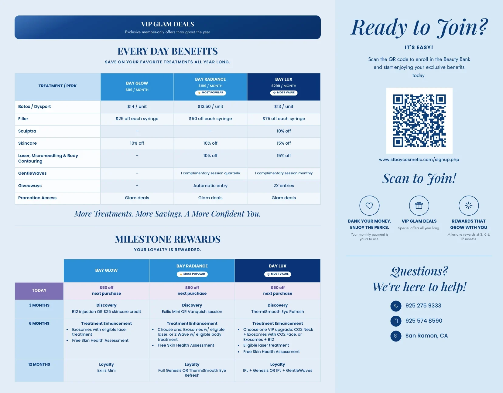 Beauty Bank trifold interior showing Bay Glow, Bay Radiance, and Bay Lux monthly plan pricing, treatment benefits, milestone rewards, and signup QR code.