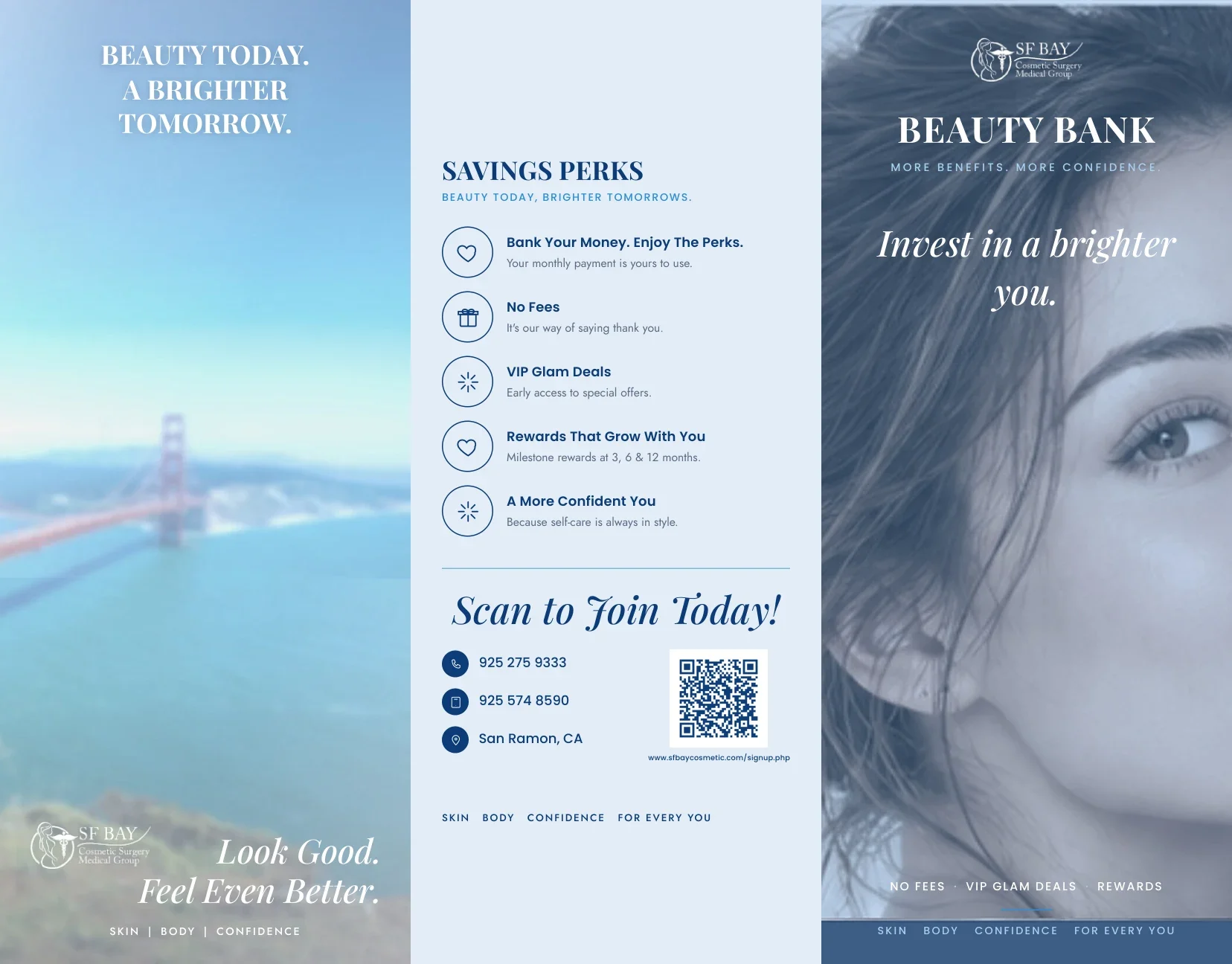 Beauty Bank trifold exterior showing the cover, savings perks, contact information, and signup QR code.