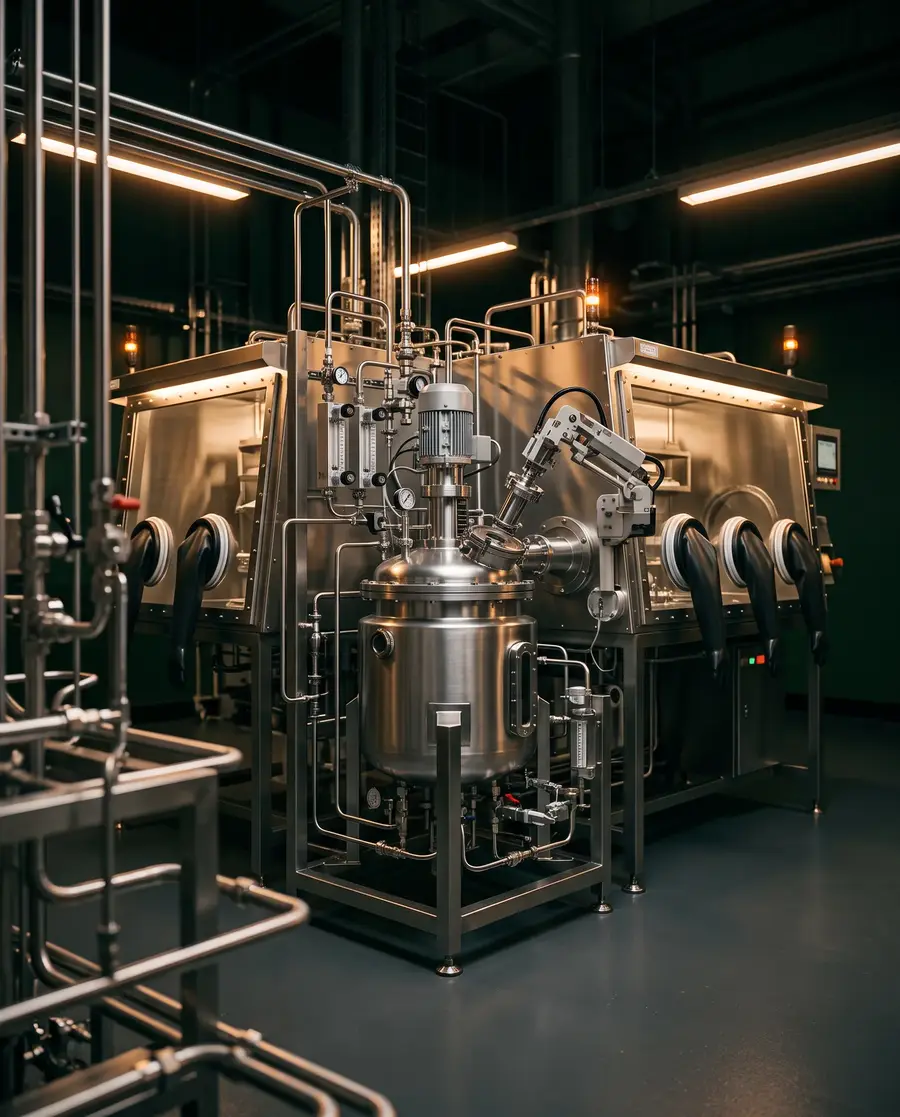 Stainless-steel process vessel and glovebox enclosures in a fuel processing facility, representing the nuclear fuel supply chain Sharon Creek evaluates
