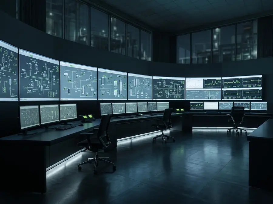 Industrial control room with process diagrams and trend charts on wall-mounted screens, representing AI applied to plant operations
