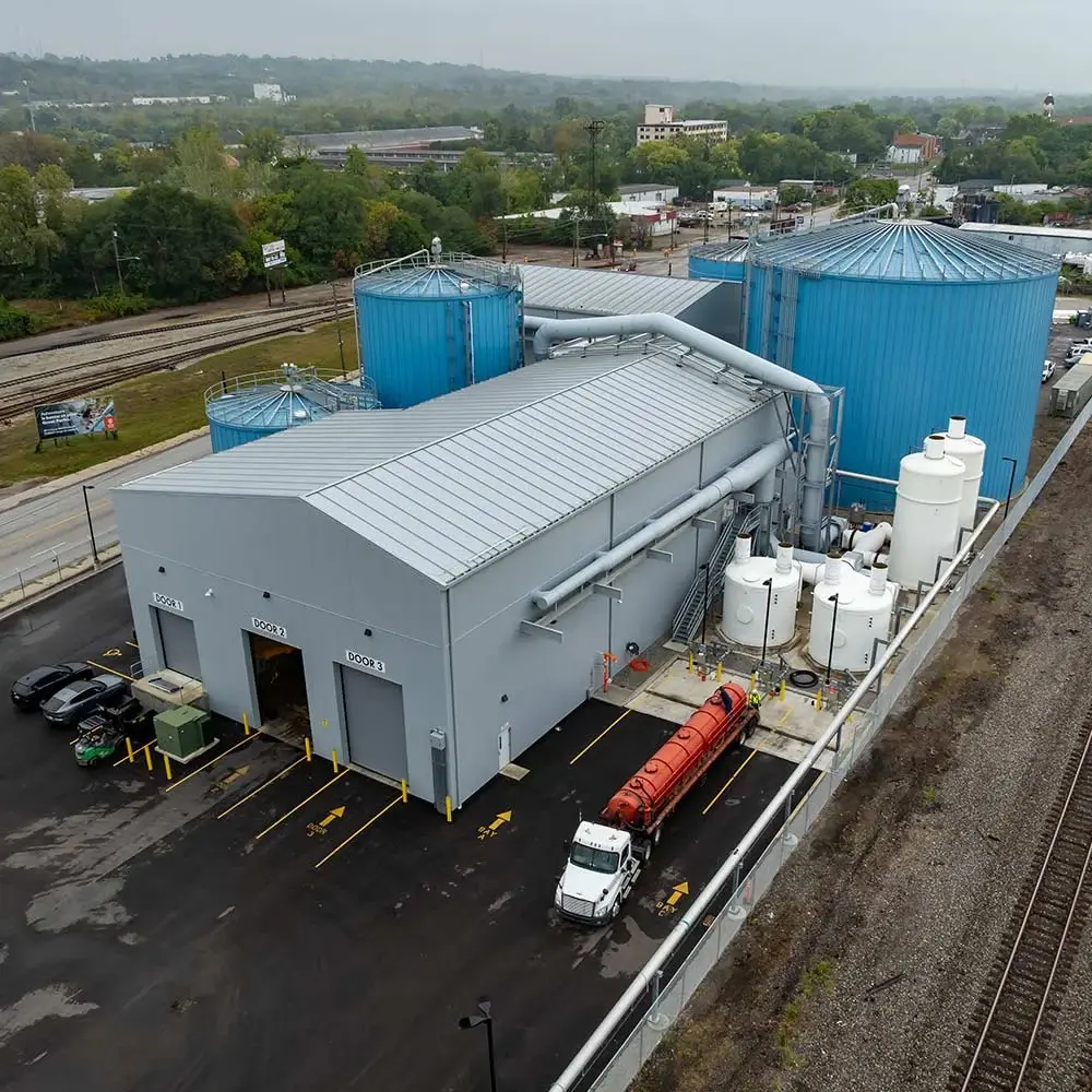 Aerial view of the Synthica St. Bernard organics-to-energy facility near Cincinnati