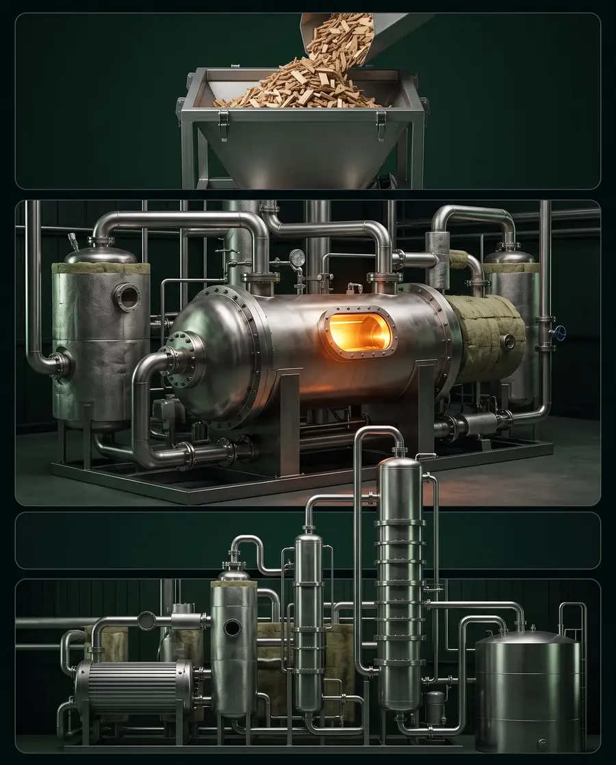 Wood chips feeding a hopper, a thermal conversion vessel, and fuel upgrading columns, showing the woody waste-to-fuel process chain