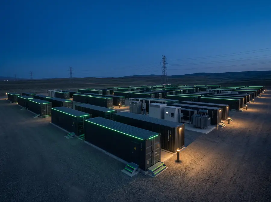 Rows of containerized battery storage units near high-voltage transmission towers at dusk, representing grid-scale storage projects