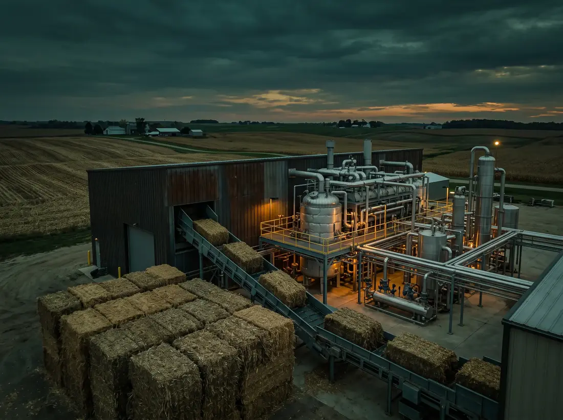 Crop residue bales moving by conveyor into a rural fuel conversion plant beside harvested farm fields at dusk