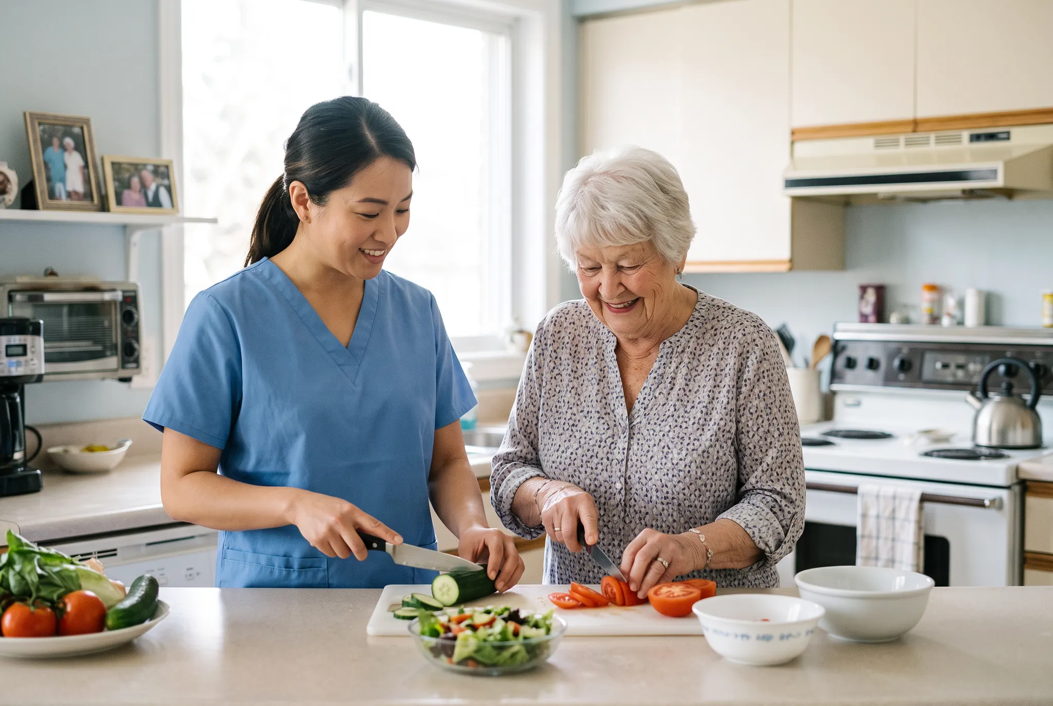 Personal support worker and older adult preparing a meal together at home