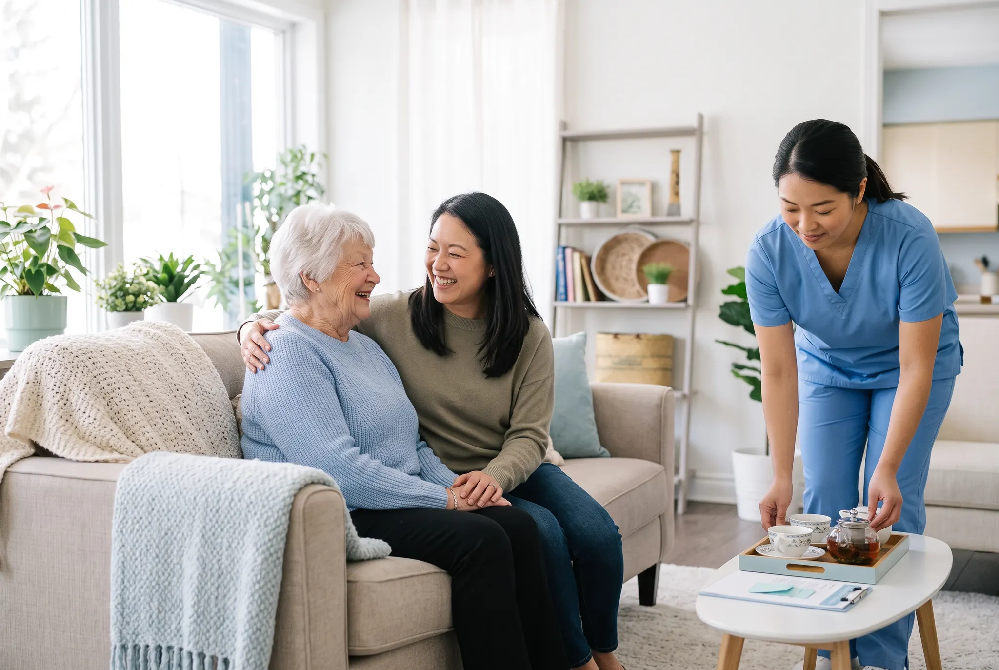 Older mother and adult daughter sharing time together while a home caregiver provides support nearby