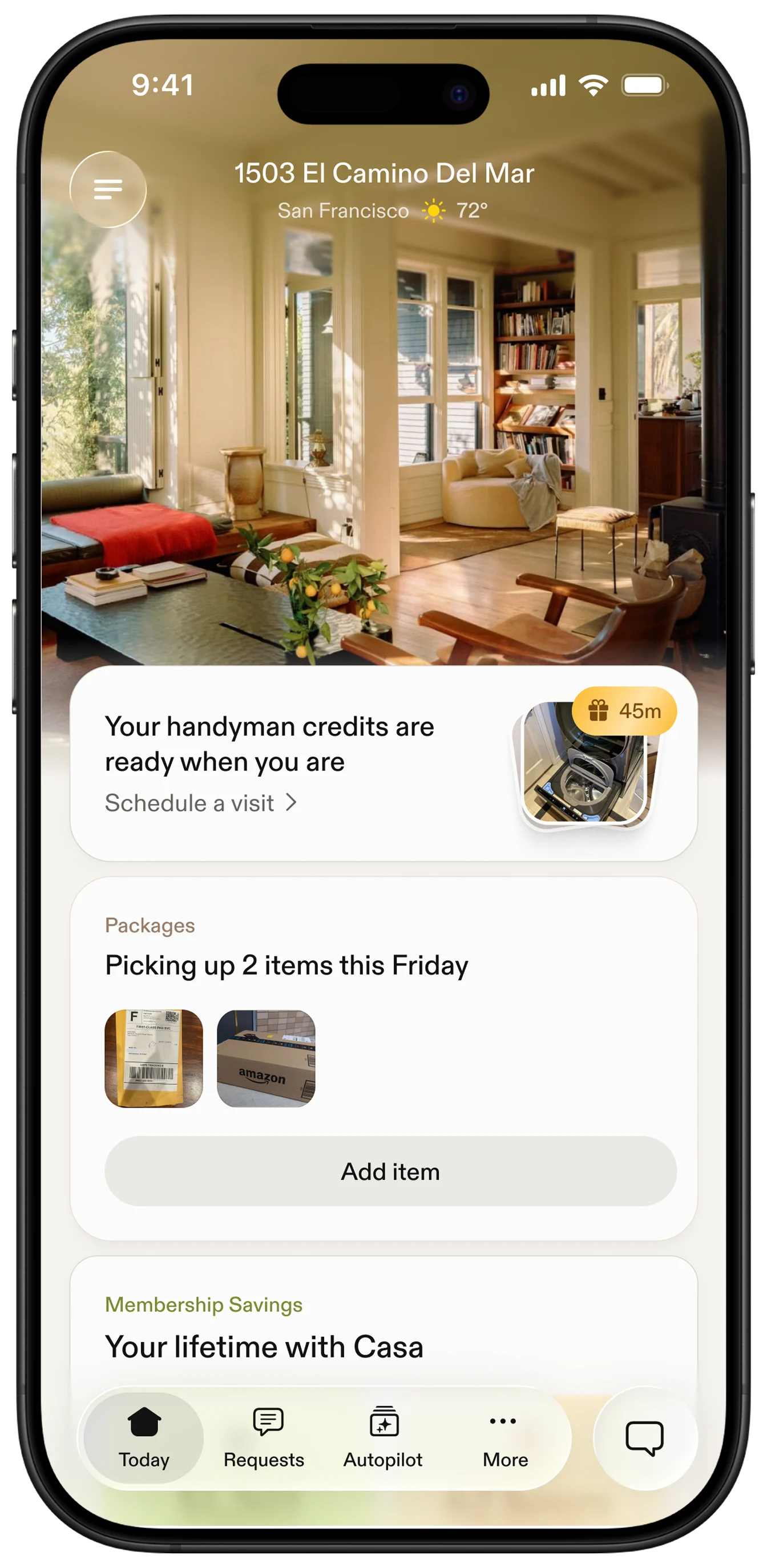 Casa app home screen showing Handyman credits, package pickups, and membership savings