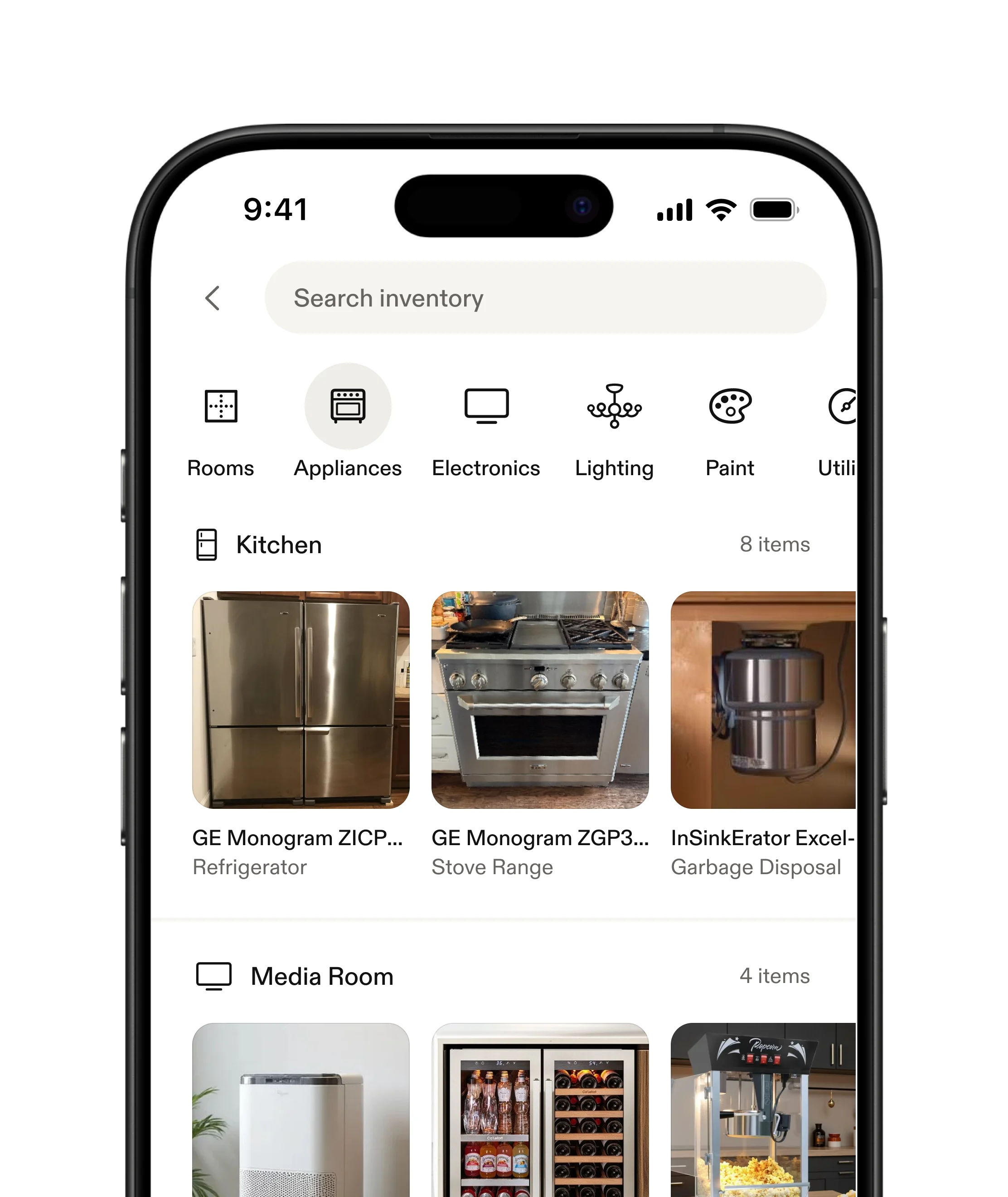 Casa inventory catalog showing room and appliance details in the app