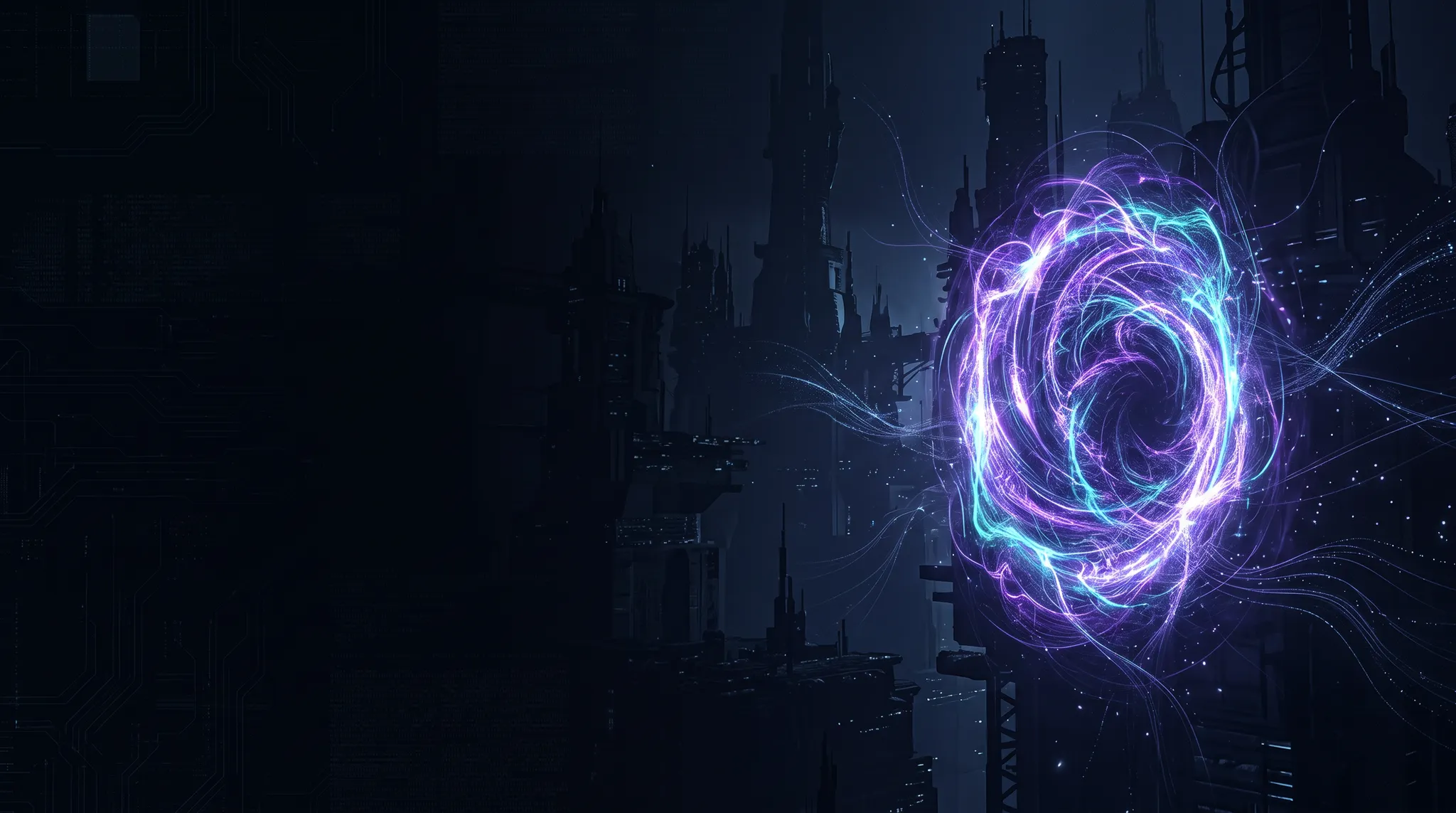 A luminous violet and cyan portal in a futuristic city