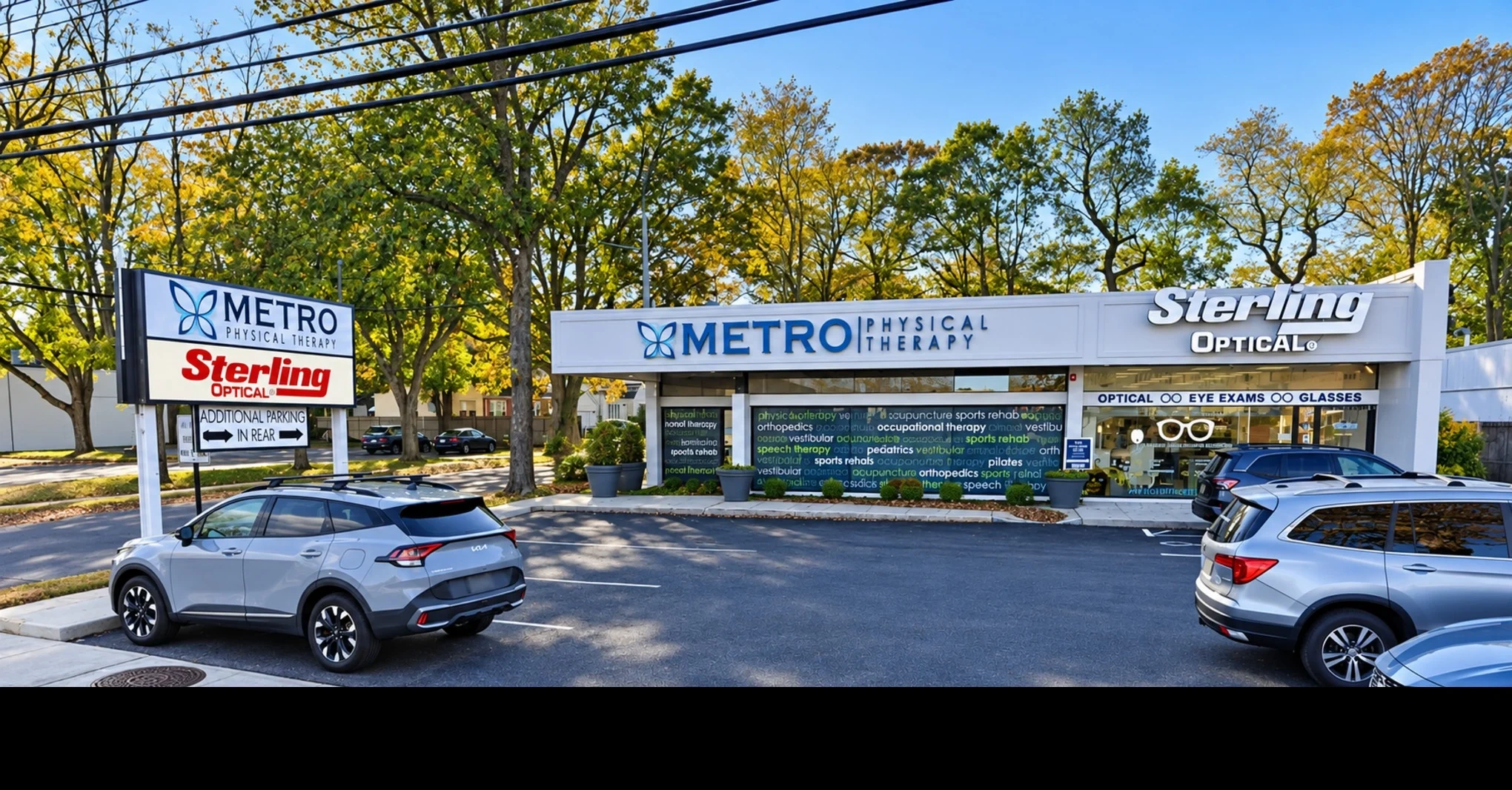 Metro Physical Therapy and Sterling Optical storefronts at Walt Whitman Plaza in Huntington Station