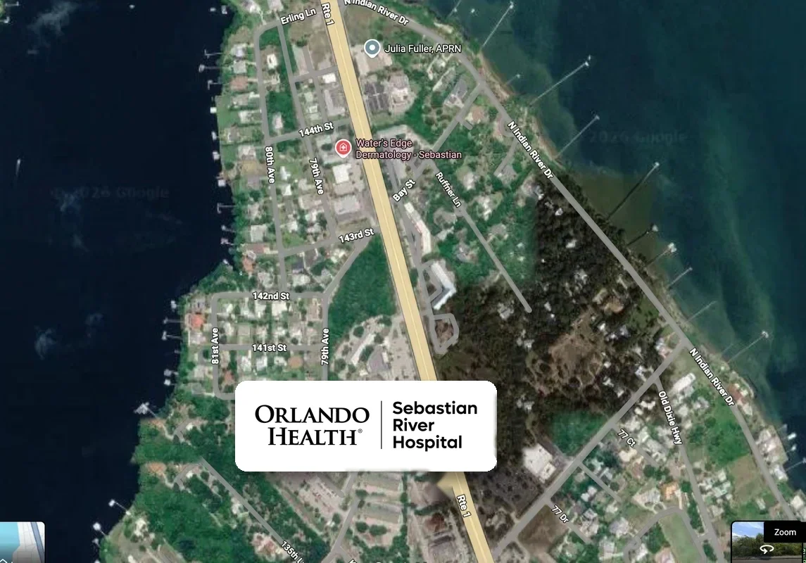 Satellite map of US Highway 1 and the Indian River in Sebastian, Florida