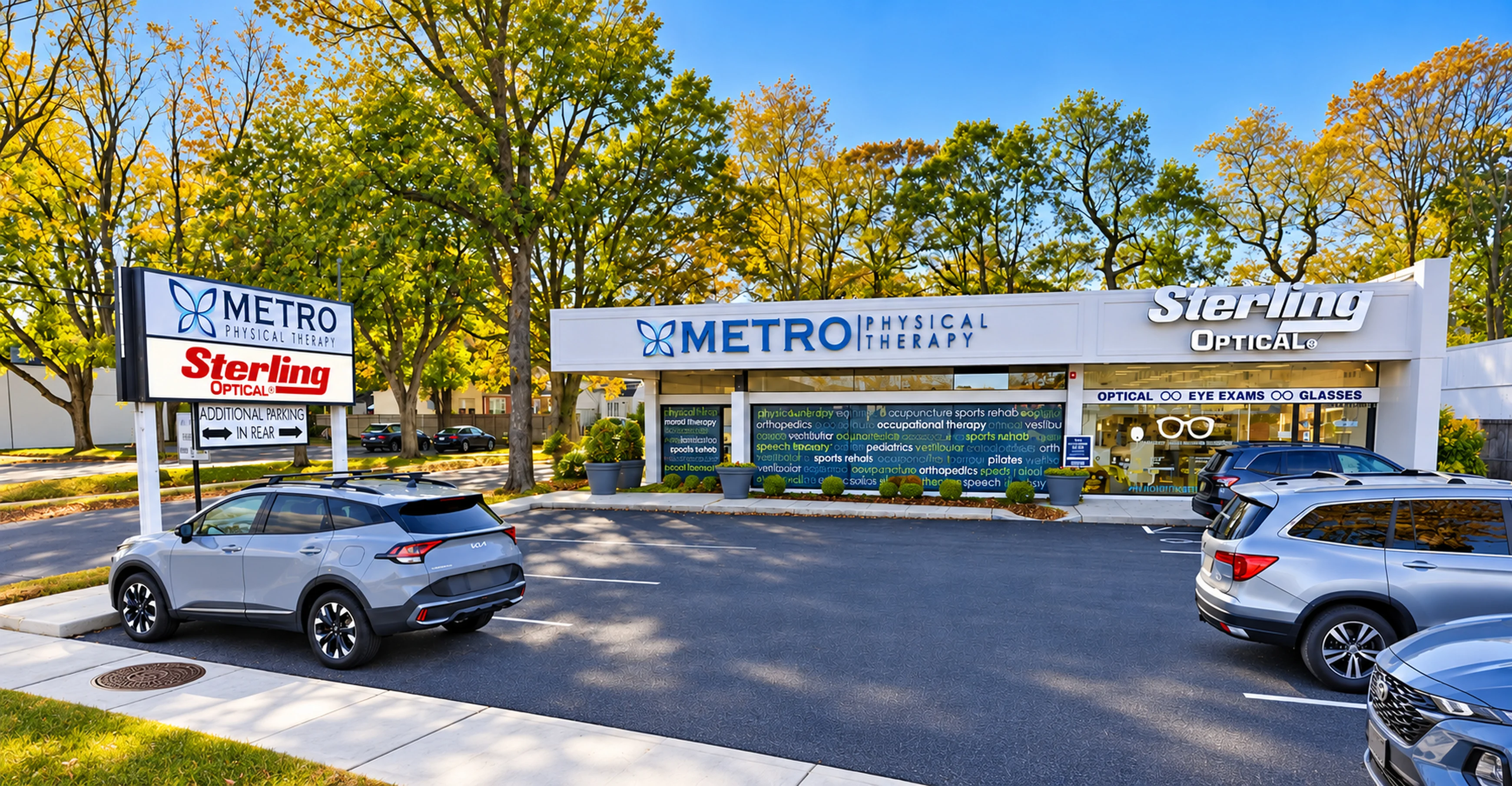 Metro Physical Therapy and Sterling Optical storefronts at Walt Whitman Plaza in Huntington Station