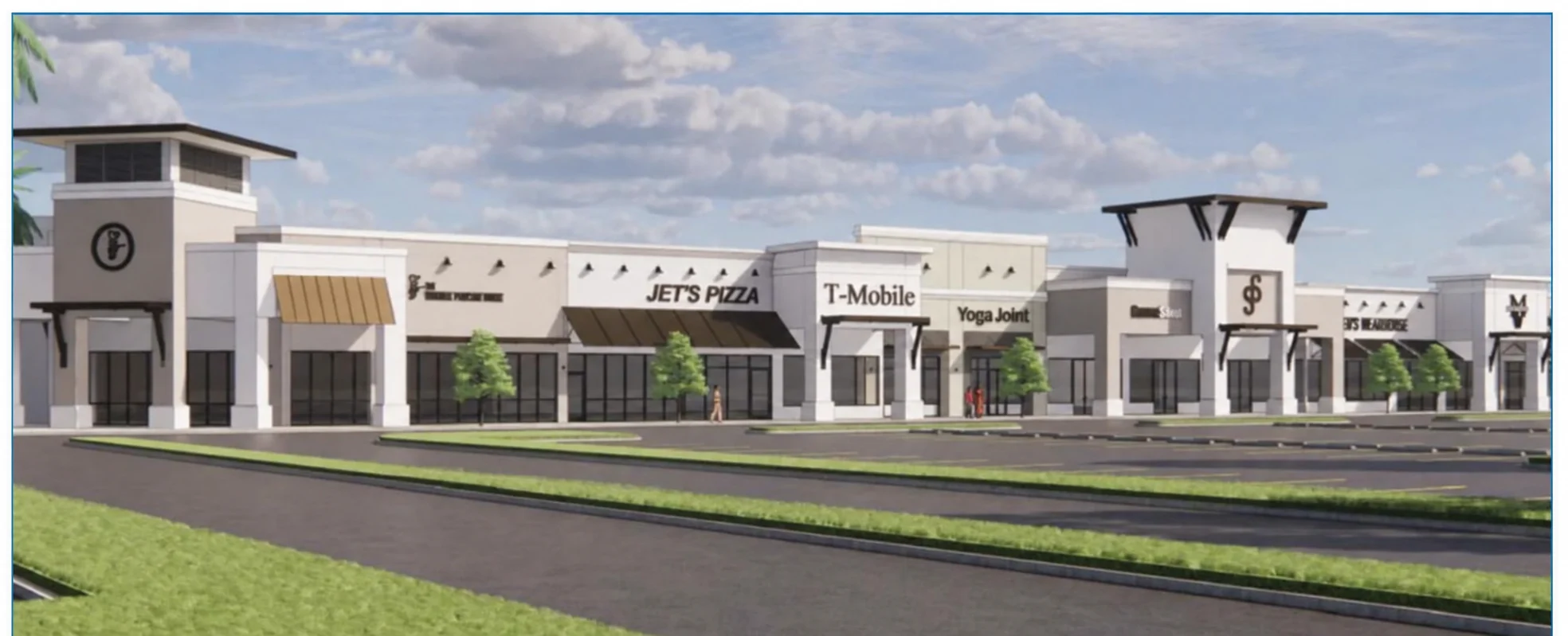 Shopping plaza rendering with retail storefronts