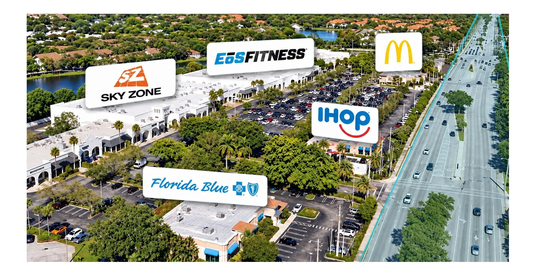 Aerial view of Catalina Centre in Boynton Beach with Sky Zone, Eos Fitness, Florida Blue, IHOP, and McDonald's