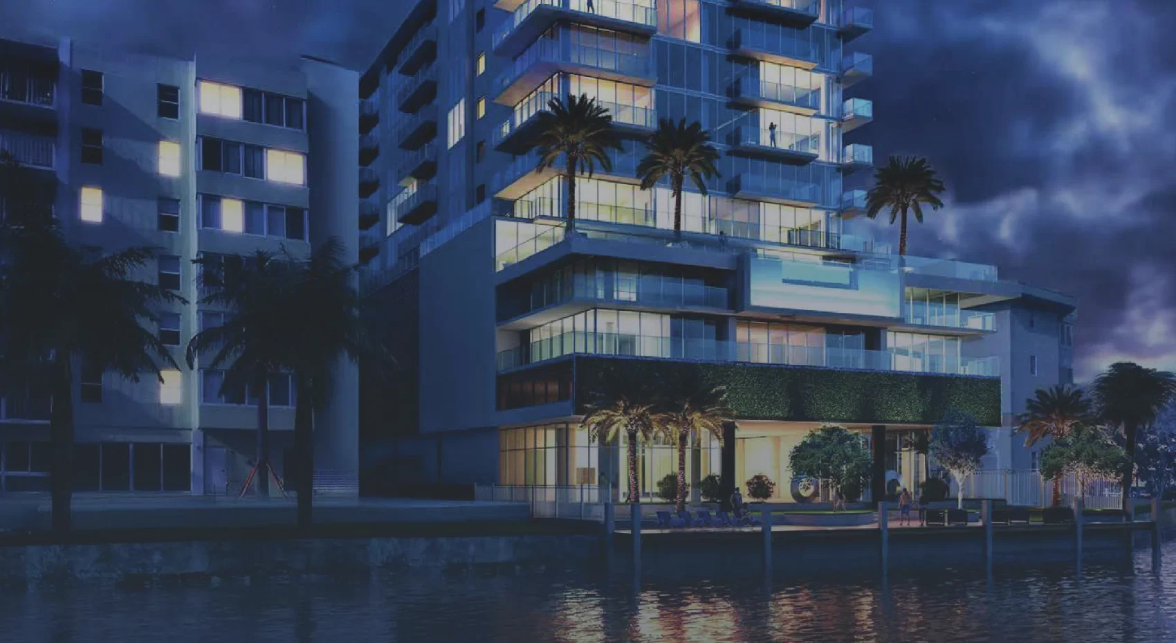 Architectural rendering of River808 on Fourth by the waterfront at night