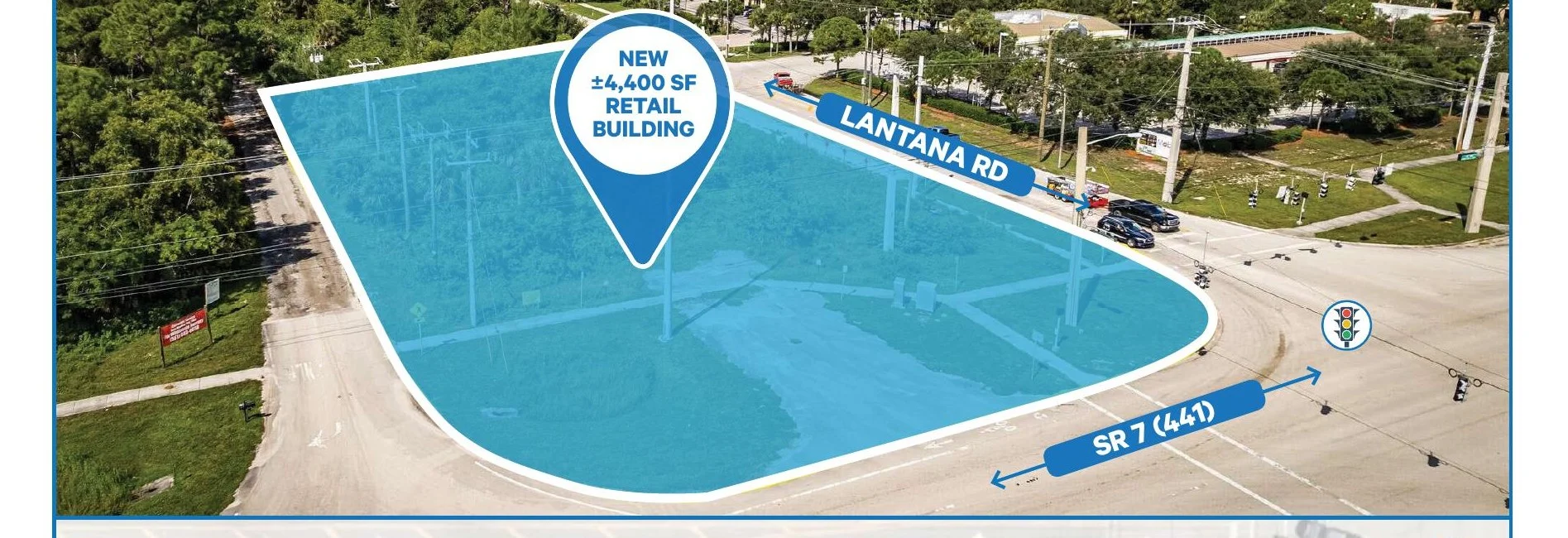 Annotated aerial showing the planned Lake Worth retail site at the southwest corner of SR 7 and Lantana Road