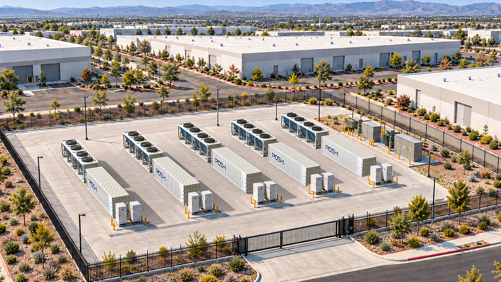 Aerial view of a POSH distributed data center with containerized compute, coolers and electrical equipment at an industrial site