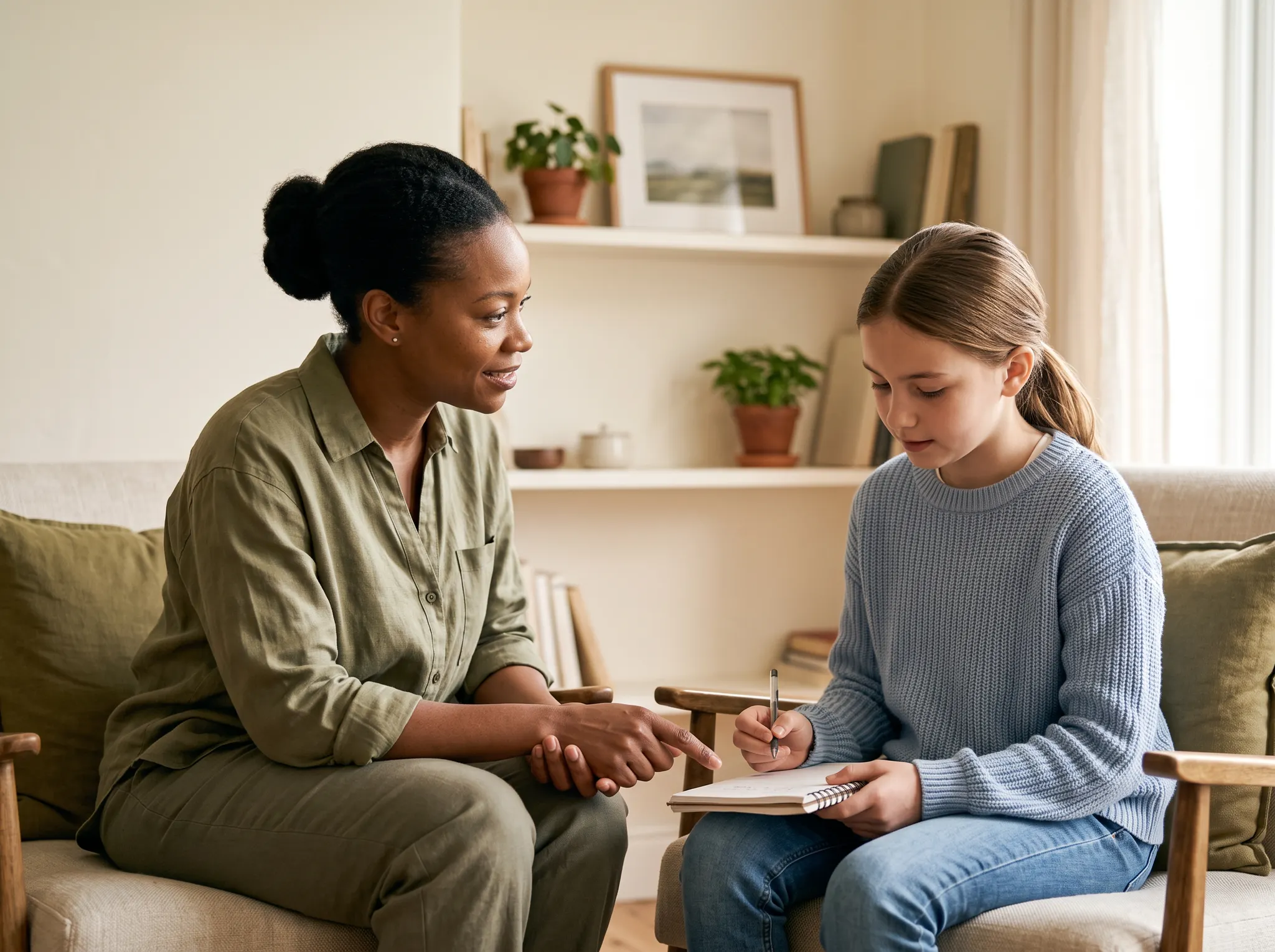 A Black female counselor supporting a young white girl during a calm conversation