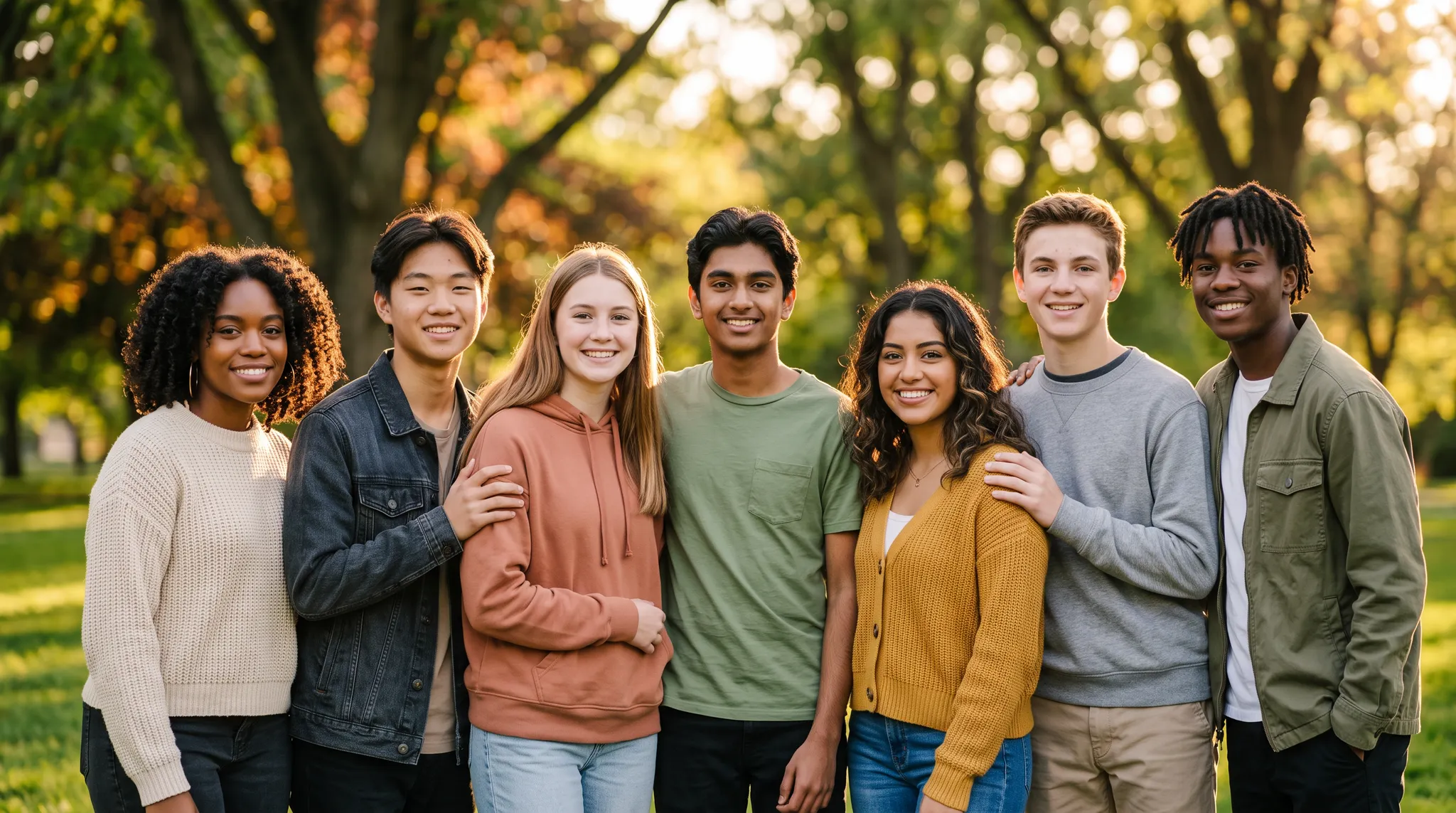 A racially diverse group of teens and young adults together in a sunlit park
